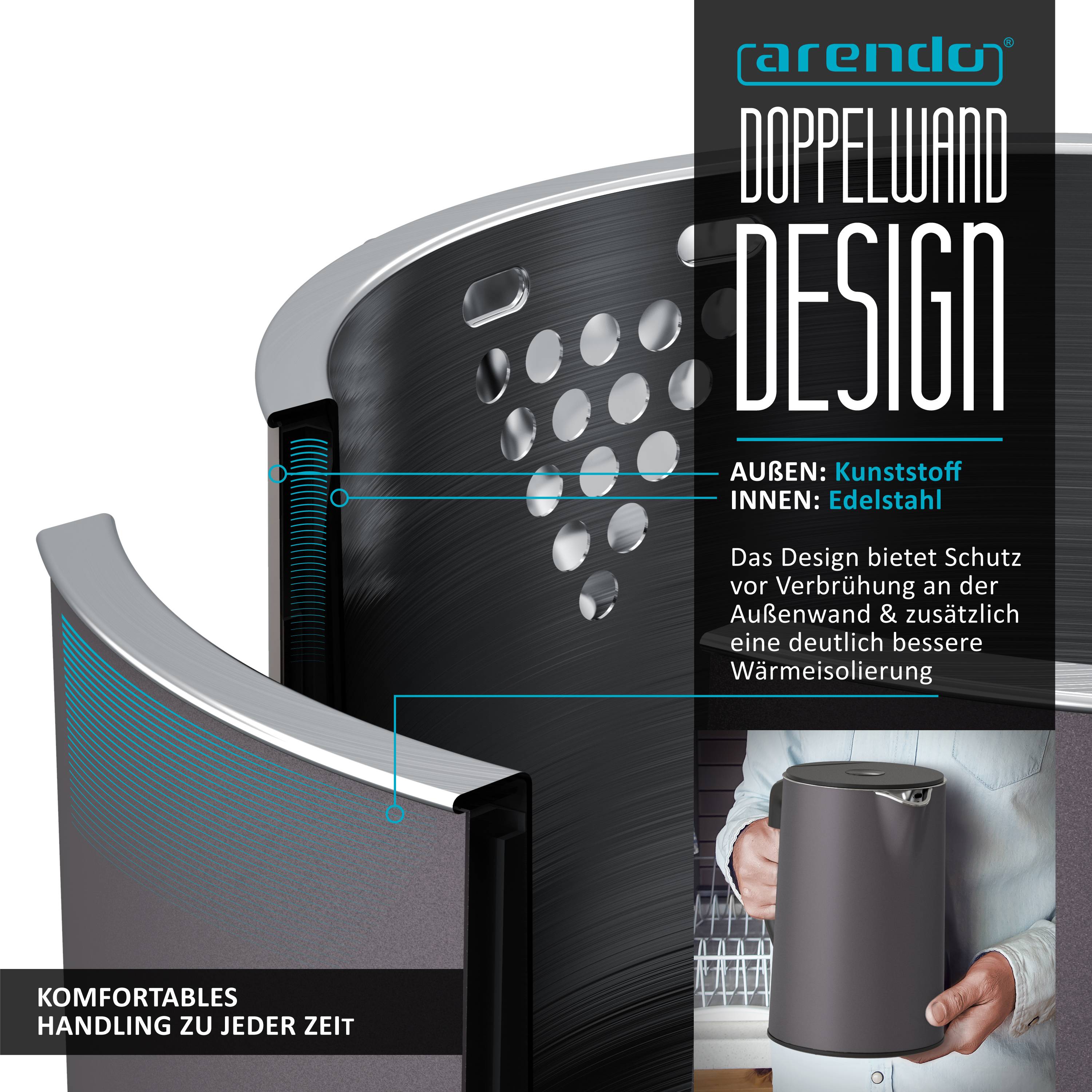 Arendo Wasserkocher 1,5 l 2200 W, Edelstahl, Doppelwand, Temperaturwahl 40 - 100°C mit Anzeige, vulkangrau