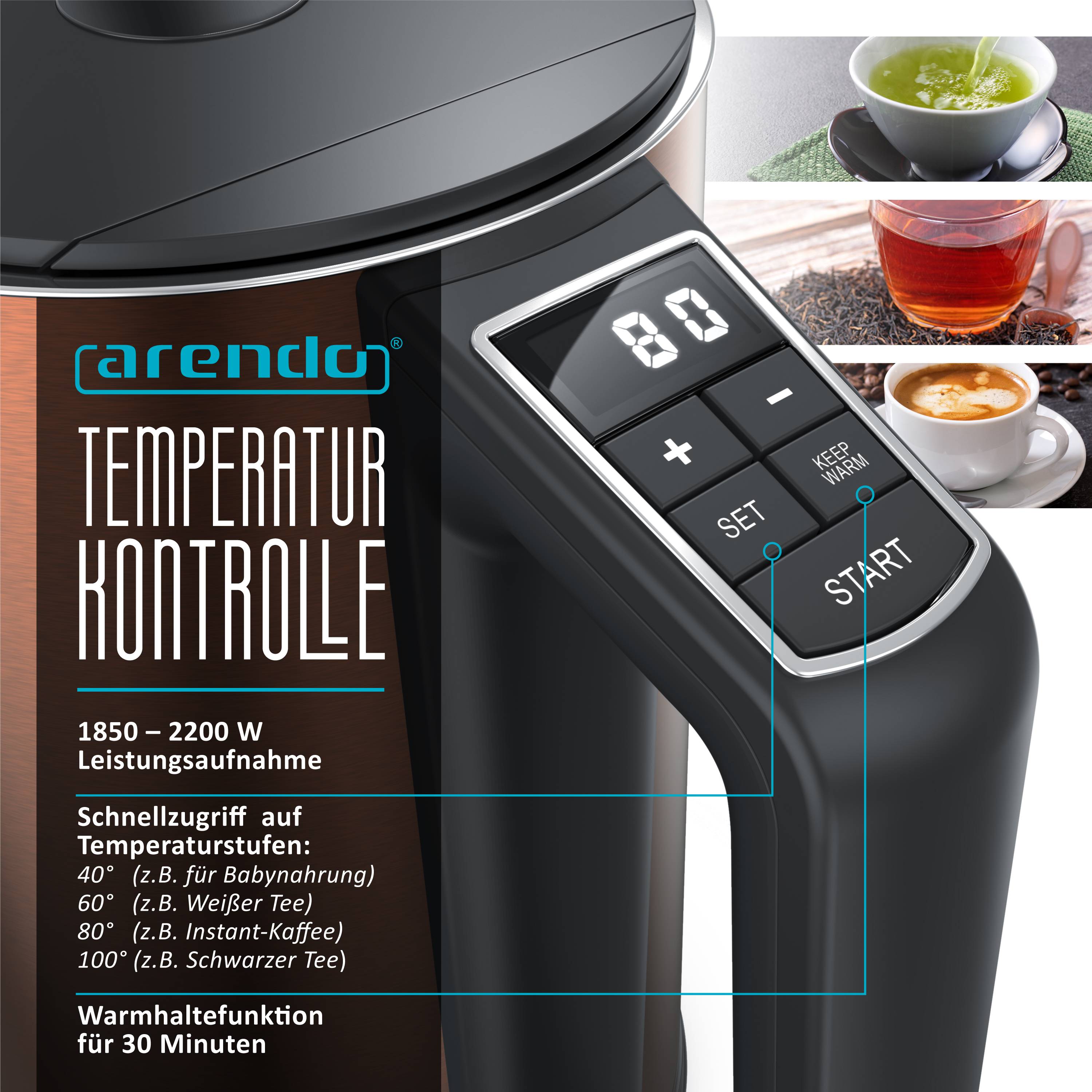 Arendo Wasserkocher 1,5 l 2200 W, Edelstahl, Doppelwand, Temperaturwahl 40-100°C mit Anzeige, kupfer, Kunststoff