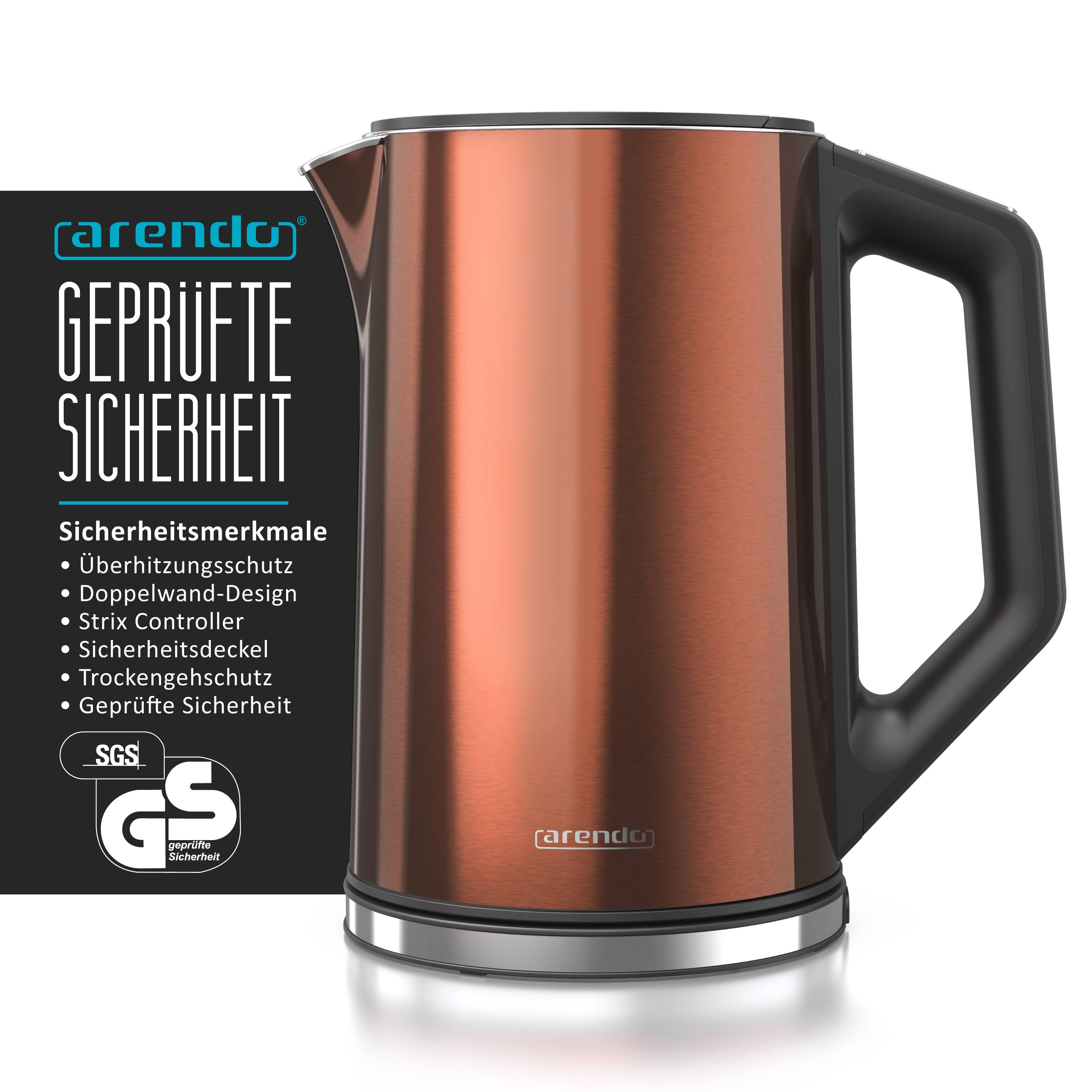 Arendo Wasserkocher 1,5 l 2200 W, Edelstahl, Doppelwand, Temperaturwahl 40 - 100°C mit Anzeige, kupfer