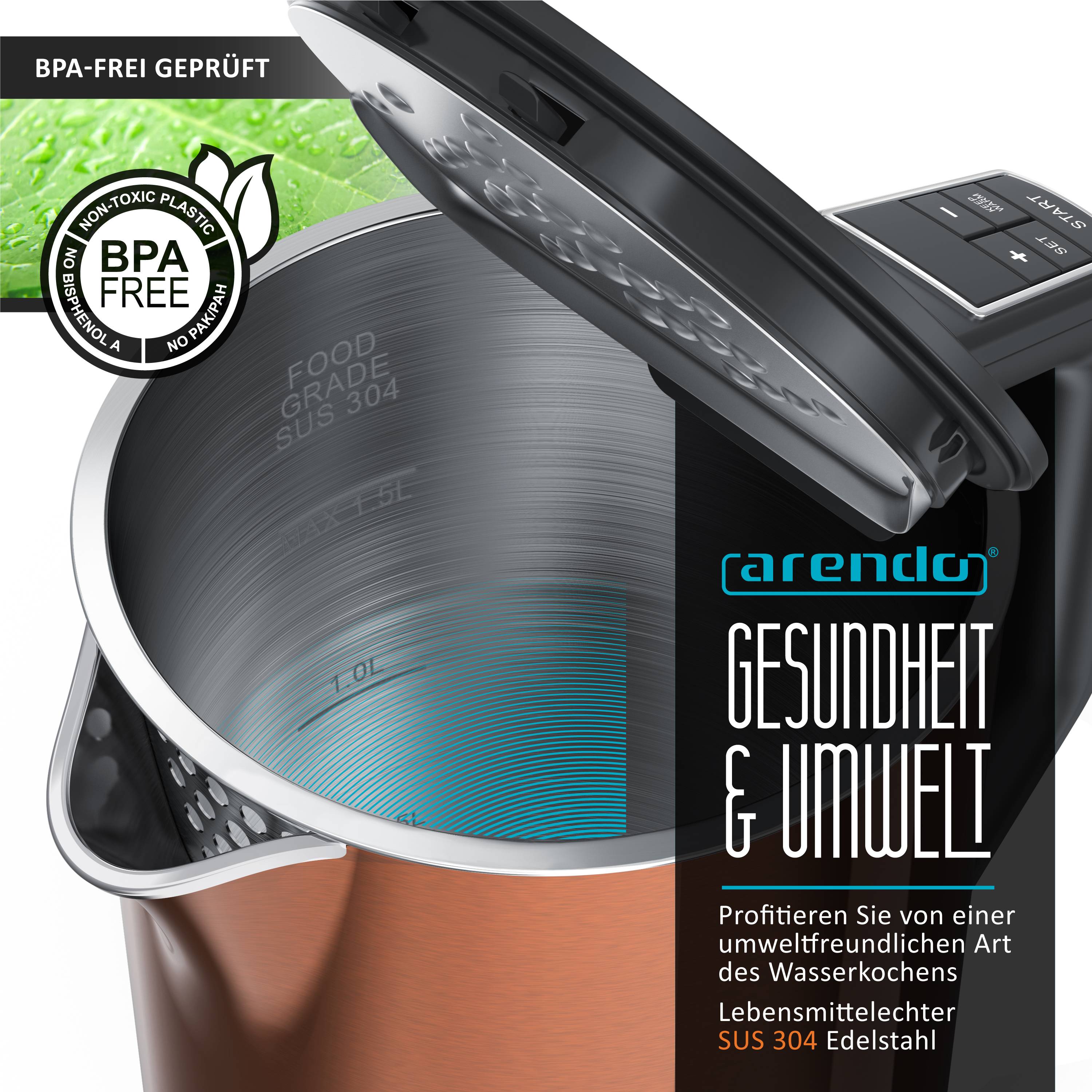 Arendo Wasserkocher 1,5 l 2200 W, Edelstahl, Doppelwand, Temperaturwahl 40 - 100°C mit Anzeige, kupfer