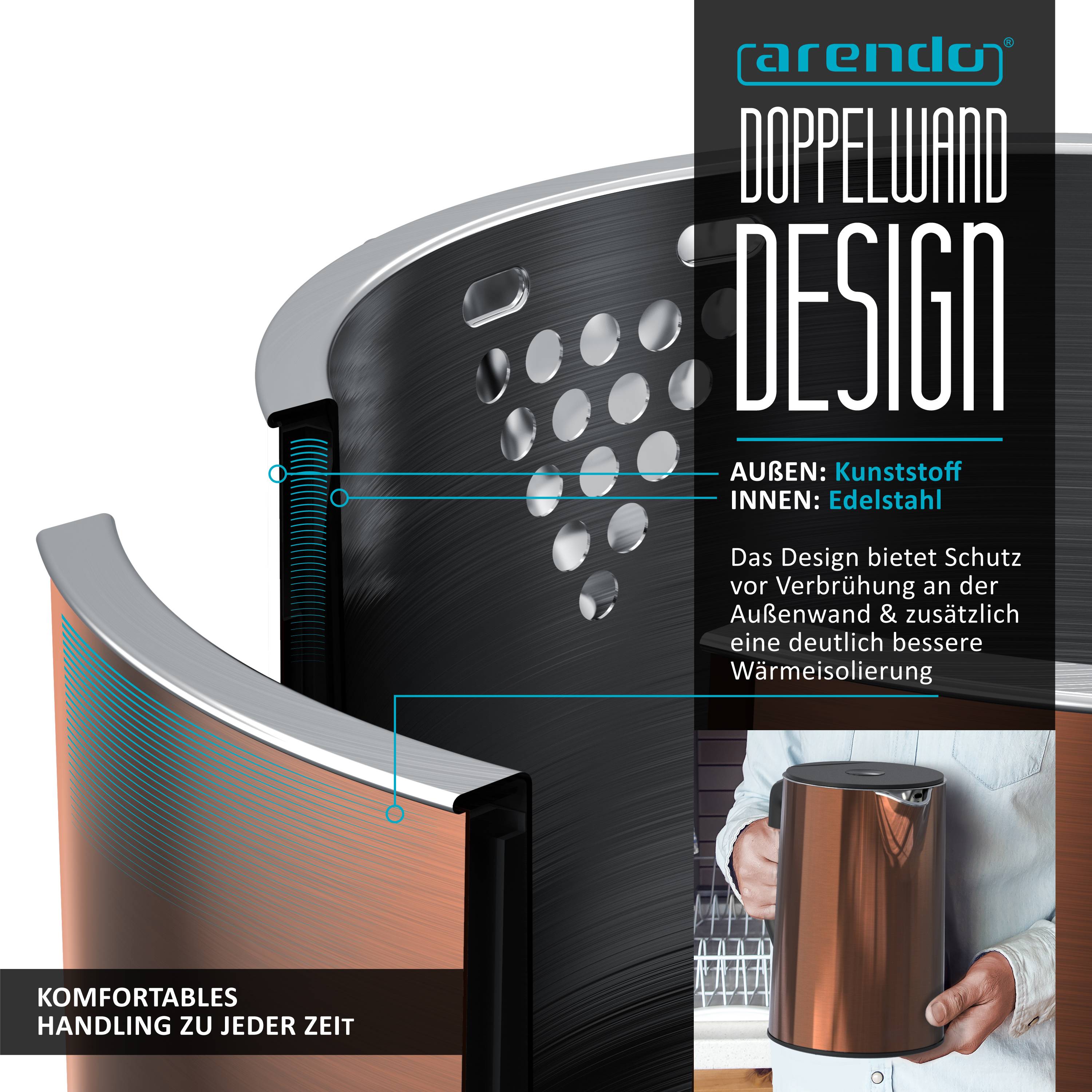 Arendo Wasserkocher 1,5 l 2200 W, Edelstahl, Doppelwand, Temperaturwahl 40 - 100°C mit Anzeige, kupfer