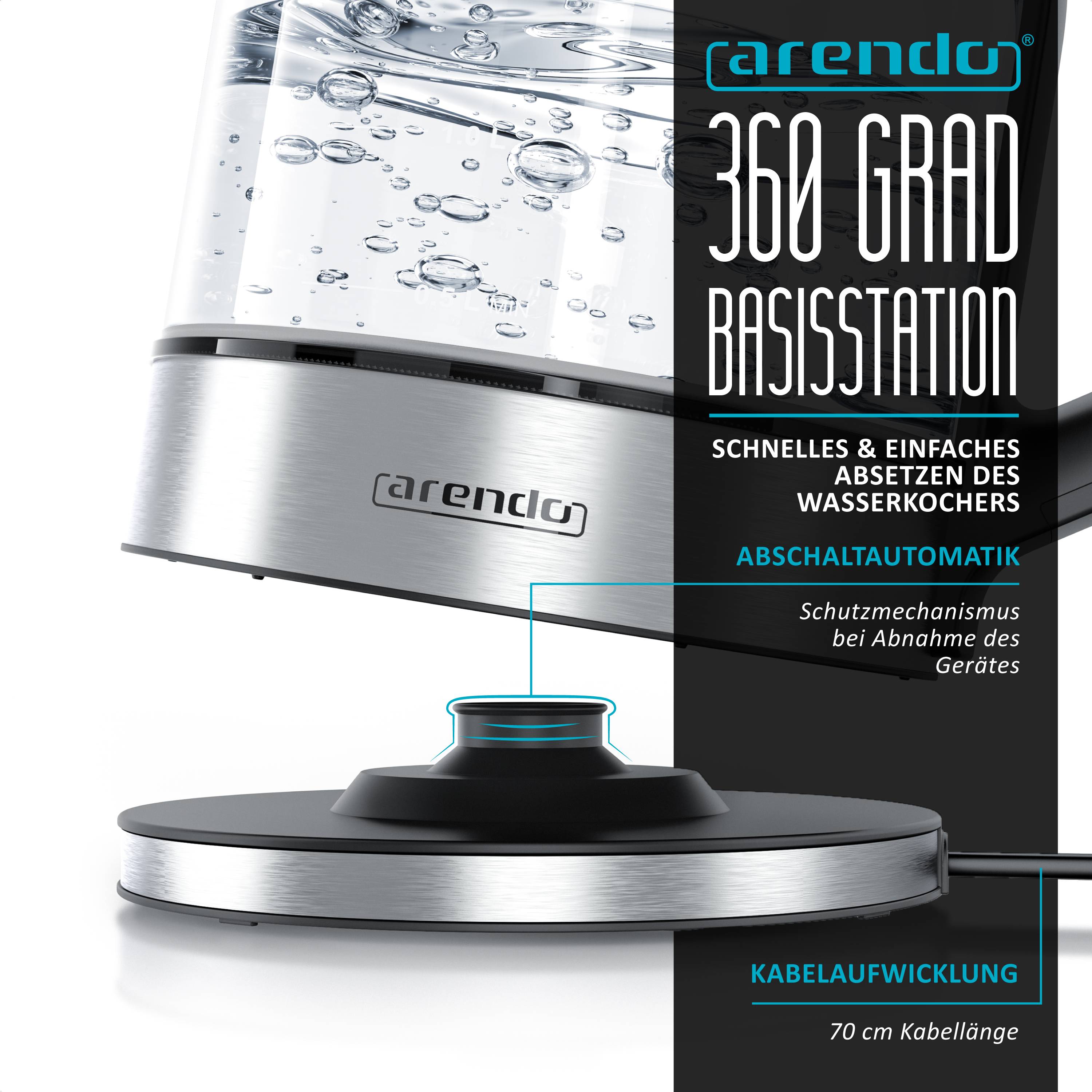 Arendo Wasserkocher 2000 W, 360° Basis, Warmhaltefunktion, Edelstahl Glas, mit Temperatureinstellung, Silber