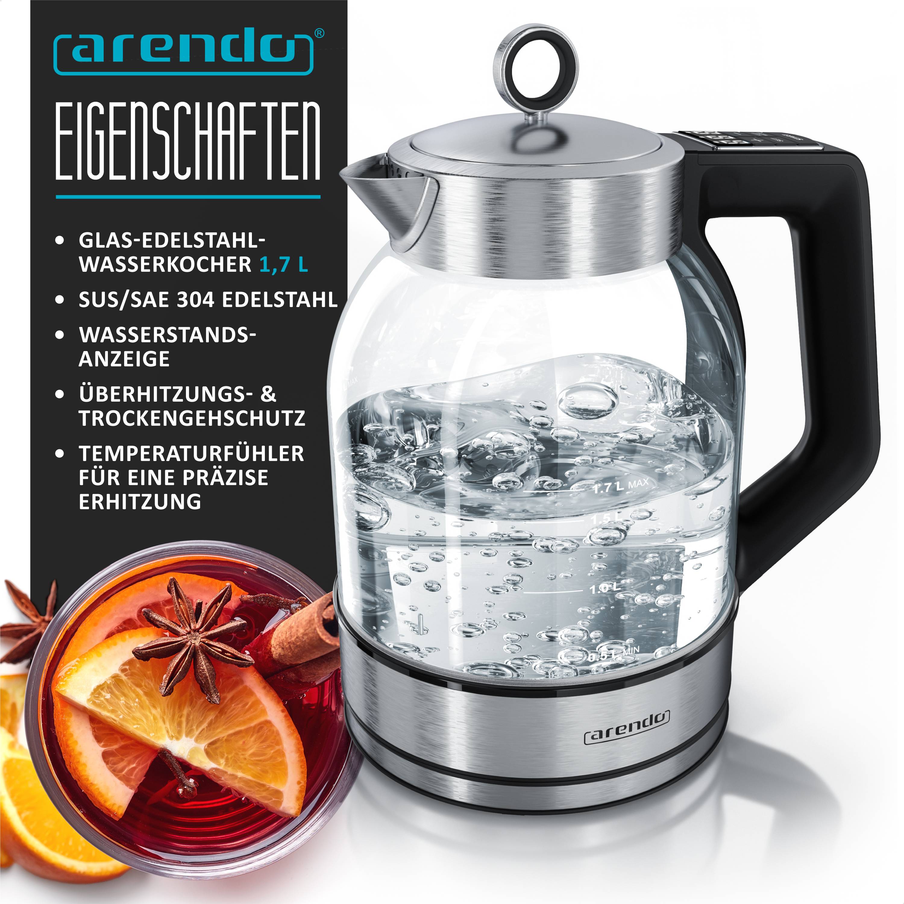 Arendo Wasserkocher 2000 W, 360° Basis, Warmhaltefunktion, Edelstahl Glas, mit Temperatureinstellung, Silber