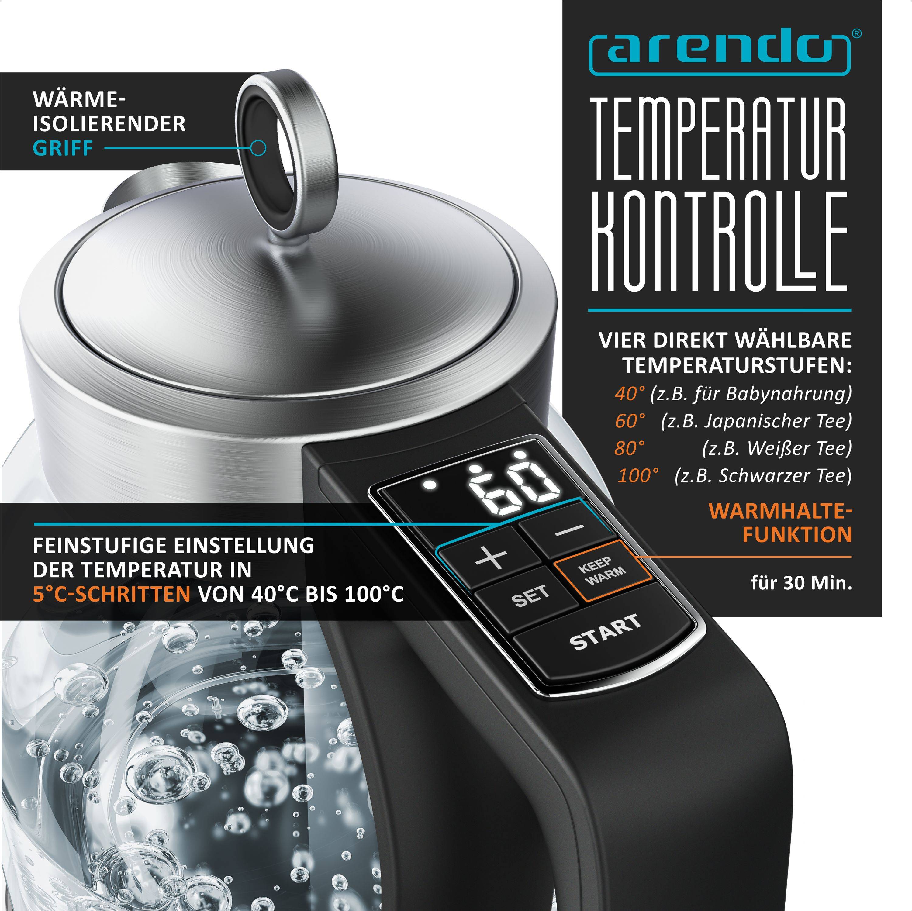 Arendo Wasserkocher 2000 W, 360° Basis, Warmhaltefunktion, Edelstahl Glas, mit Temperatureinstellung, Silber