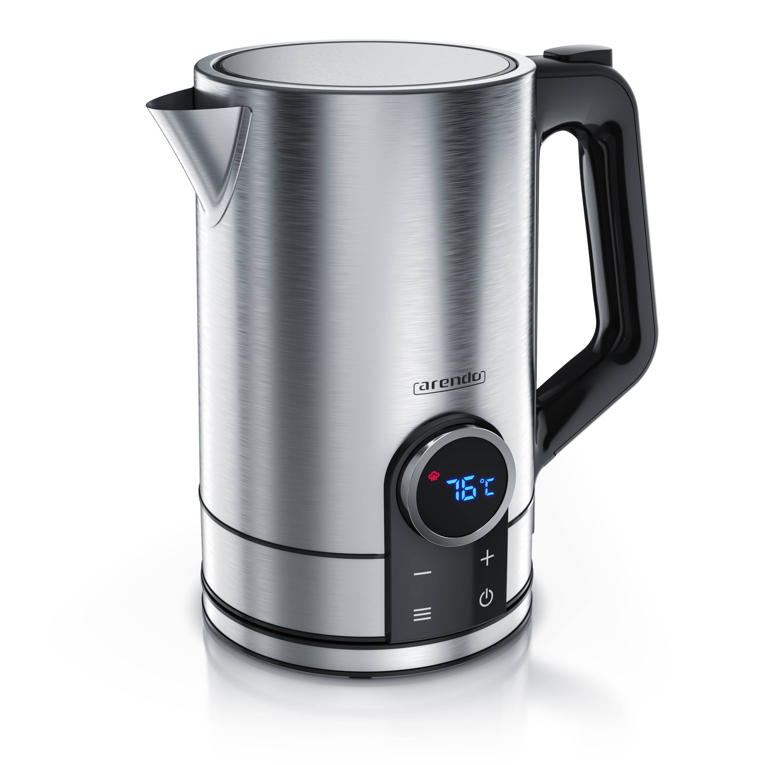 Arendo Wasserkocher Edelstahl, 1,7 l 2200 W mit Temperaturwahl und LED-Display, Modell DIVINE, silber, Kunststoff