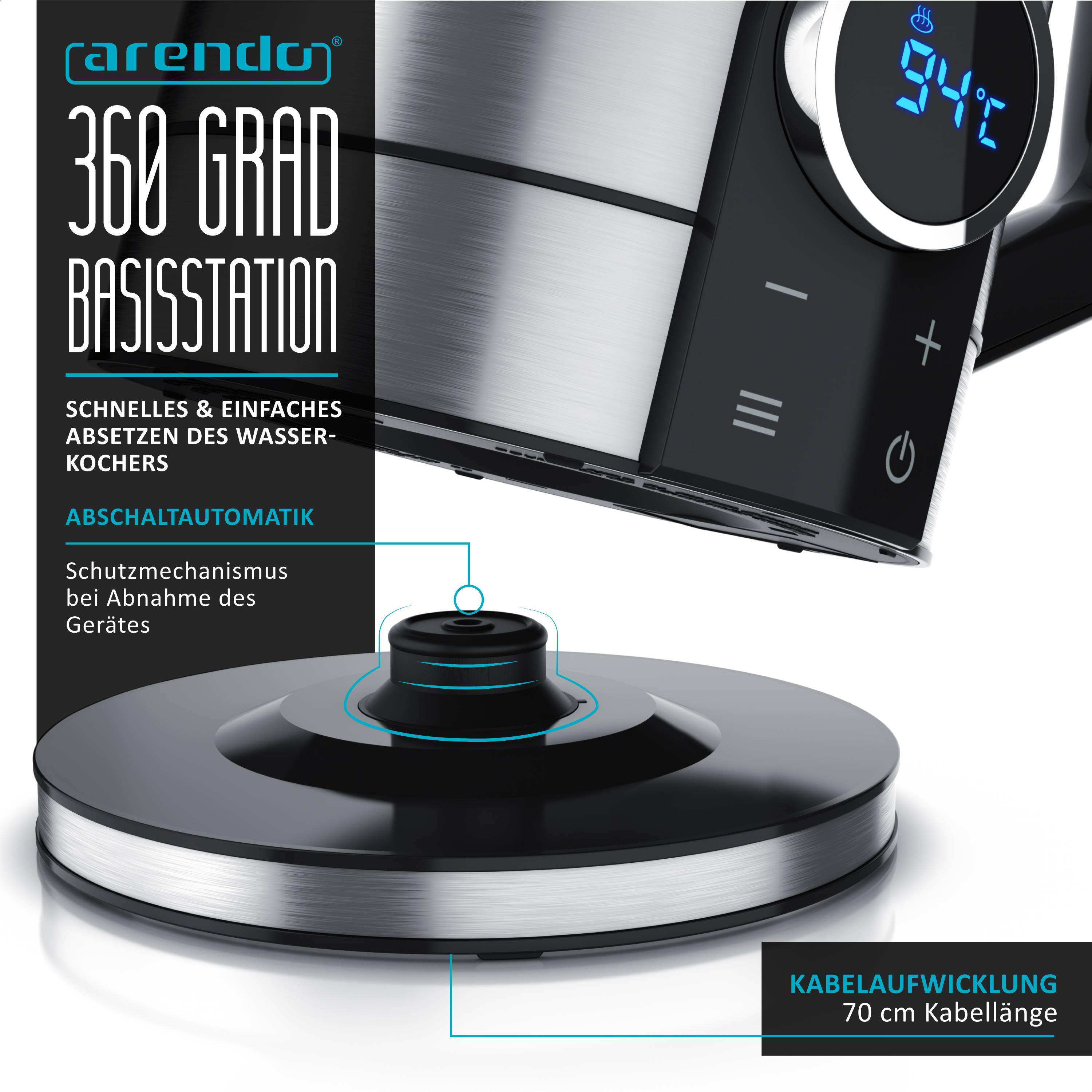 Arendo Wasserkocher Edelstahl, 1,7 Liter 2200W mit Temperatureinstellung und LED-Display, Modell DIVINE, Silber