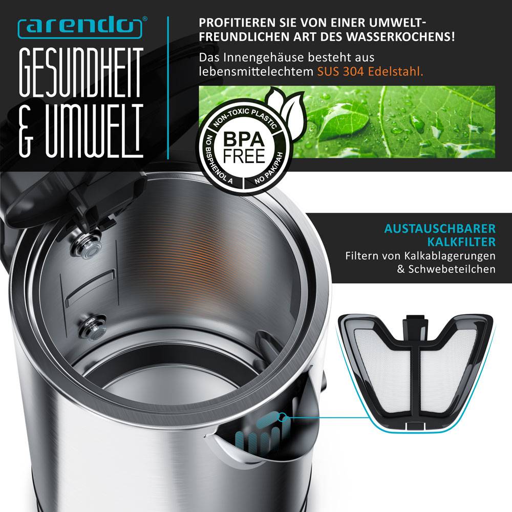 Arendo Wasserkocher Edelstahl, 1,7 Liter 2200W mit Temperatureinstellung und LED-Display, Modell DIVINE, Silber