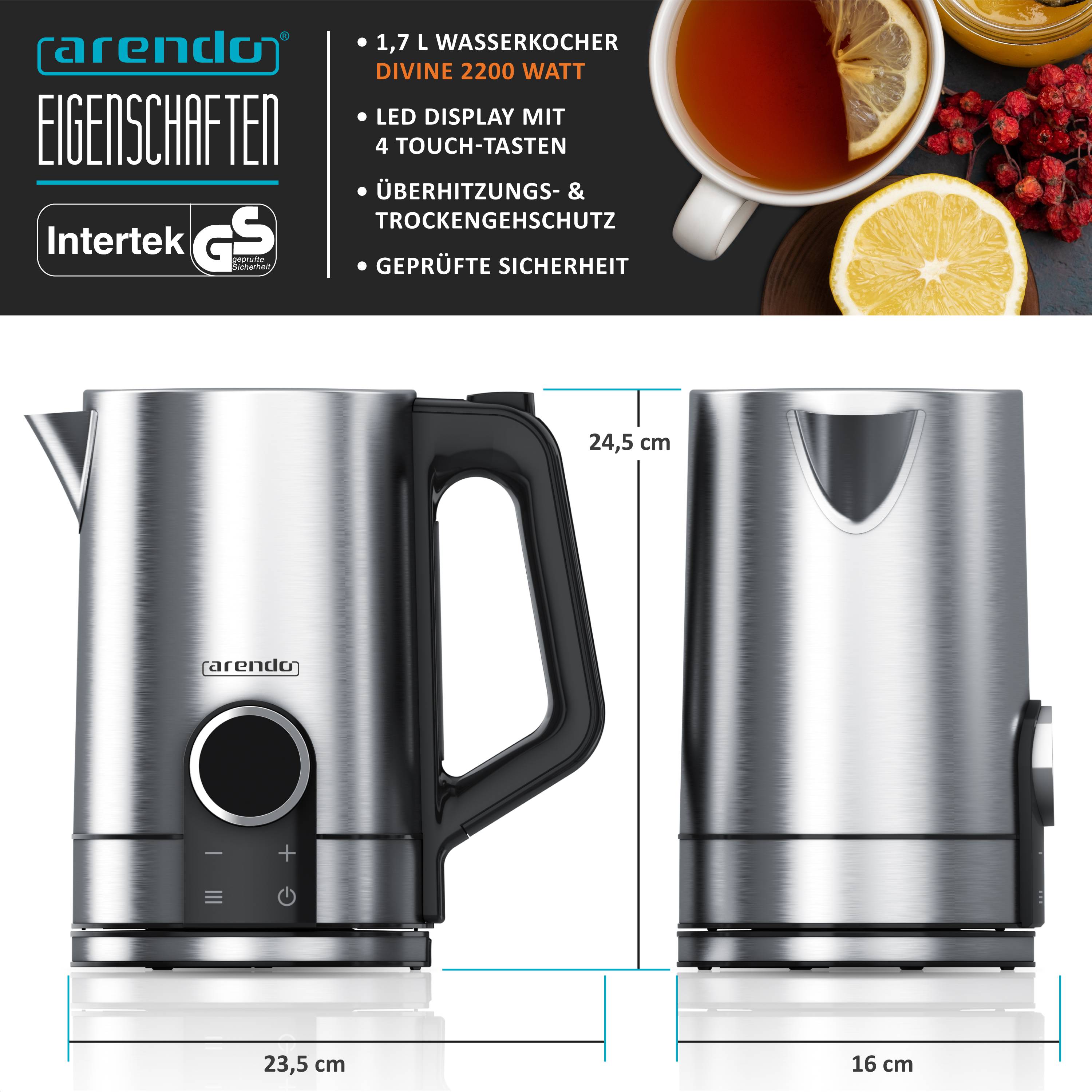Arendo Wasserkocher Edelstahl, 1,7 l 2200 W mit Temperaturwahl und LED-Display, Modell DIVINE, silber, Kunststoff