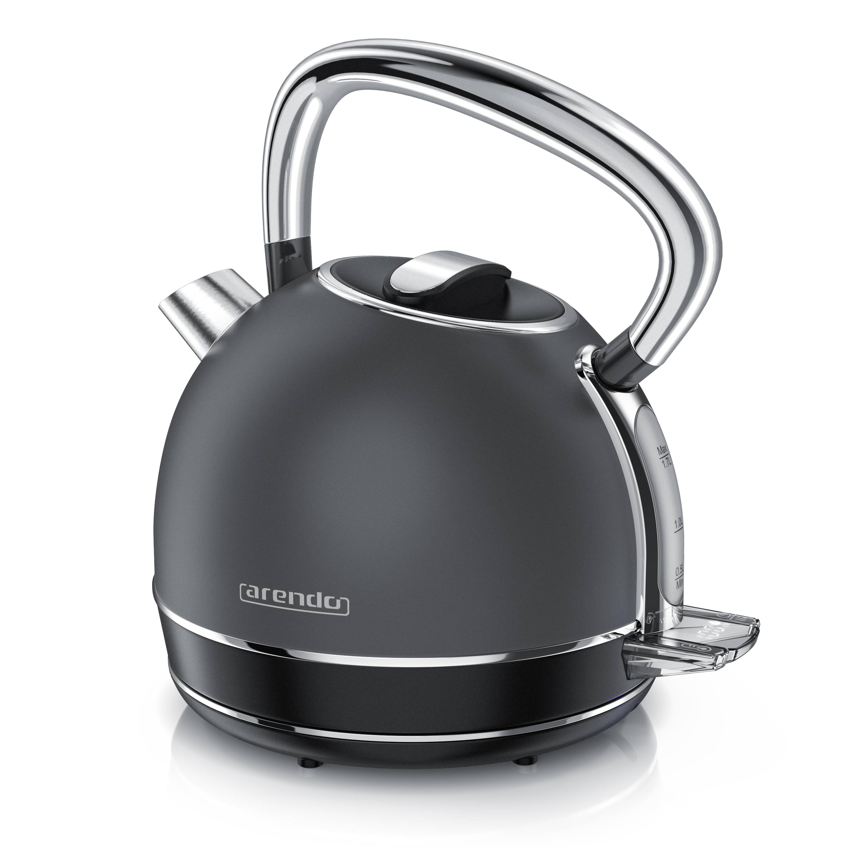 Arendo Wasserkocher mit Temperaturwahl, 1,7 l, 2200 W, Edelstahl Retro-Design, Überhitzungs- und Trockengehschutz, grau