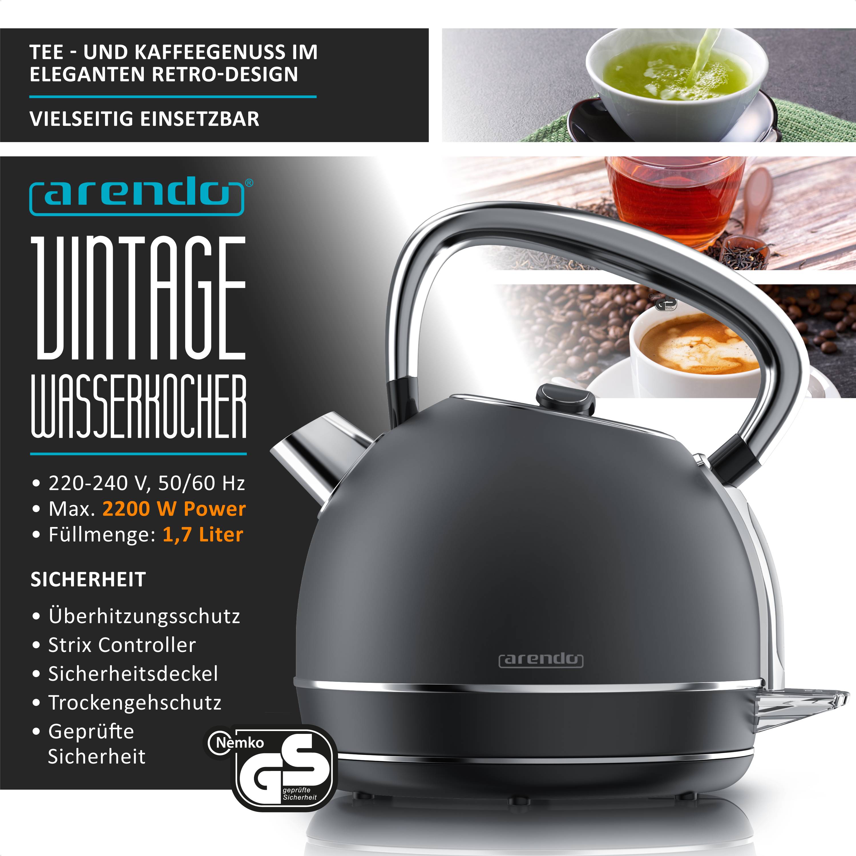 Arendo Wasserkocher mit Temperaturwahl, 1,7 l, 2200 W, Edelstahl Retro-Design, Überhitzungs- und Trockengehschutz, grau