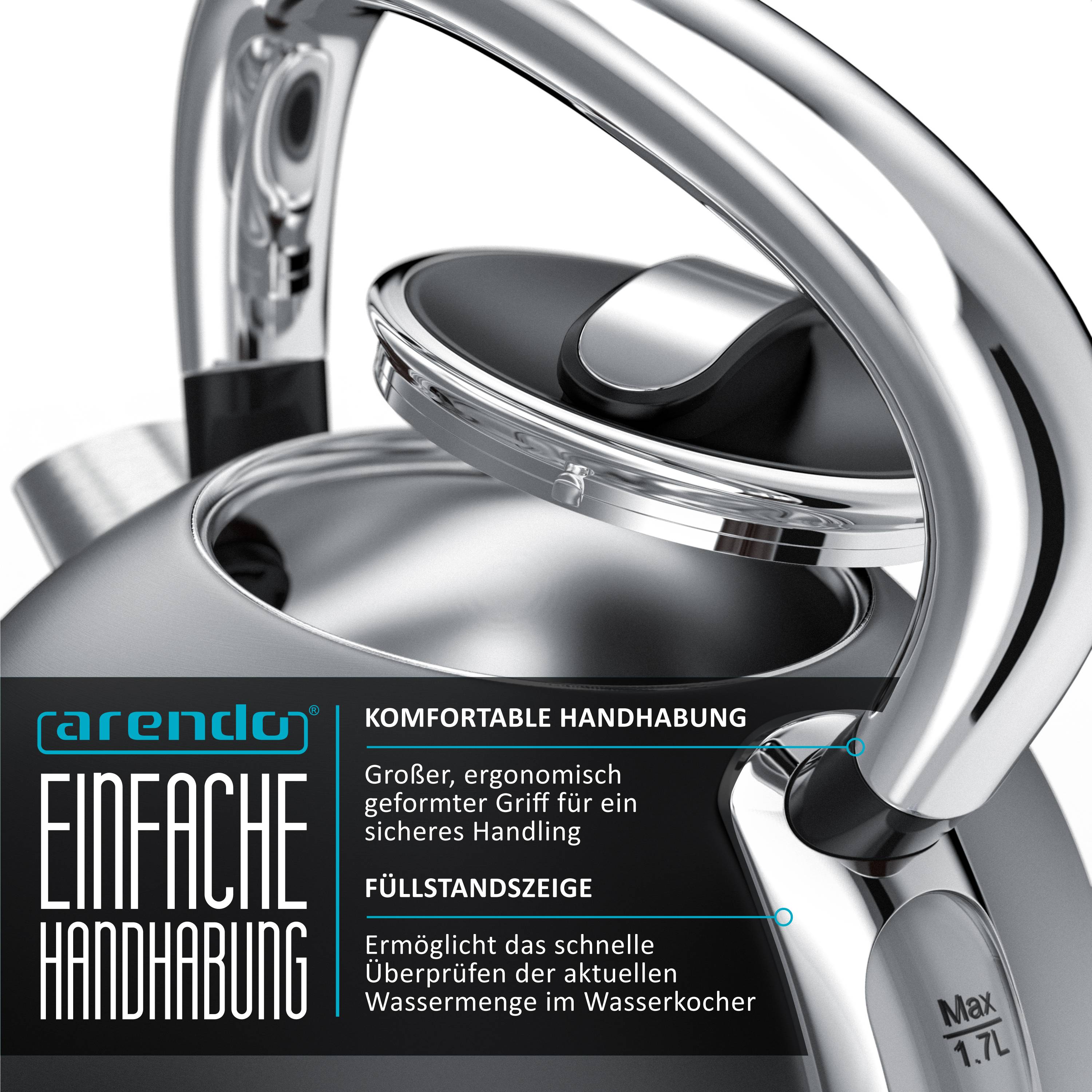 Arendo Wasserkocher mit Temperaturwahl, 1,7 l, 2200 W, Edelstahl Retro-Design, Überhitzungs- und Trockengehschutz, grau