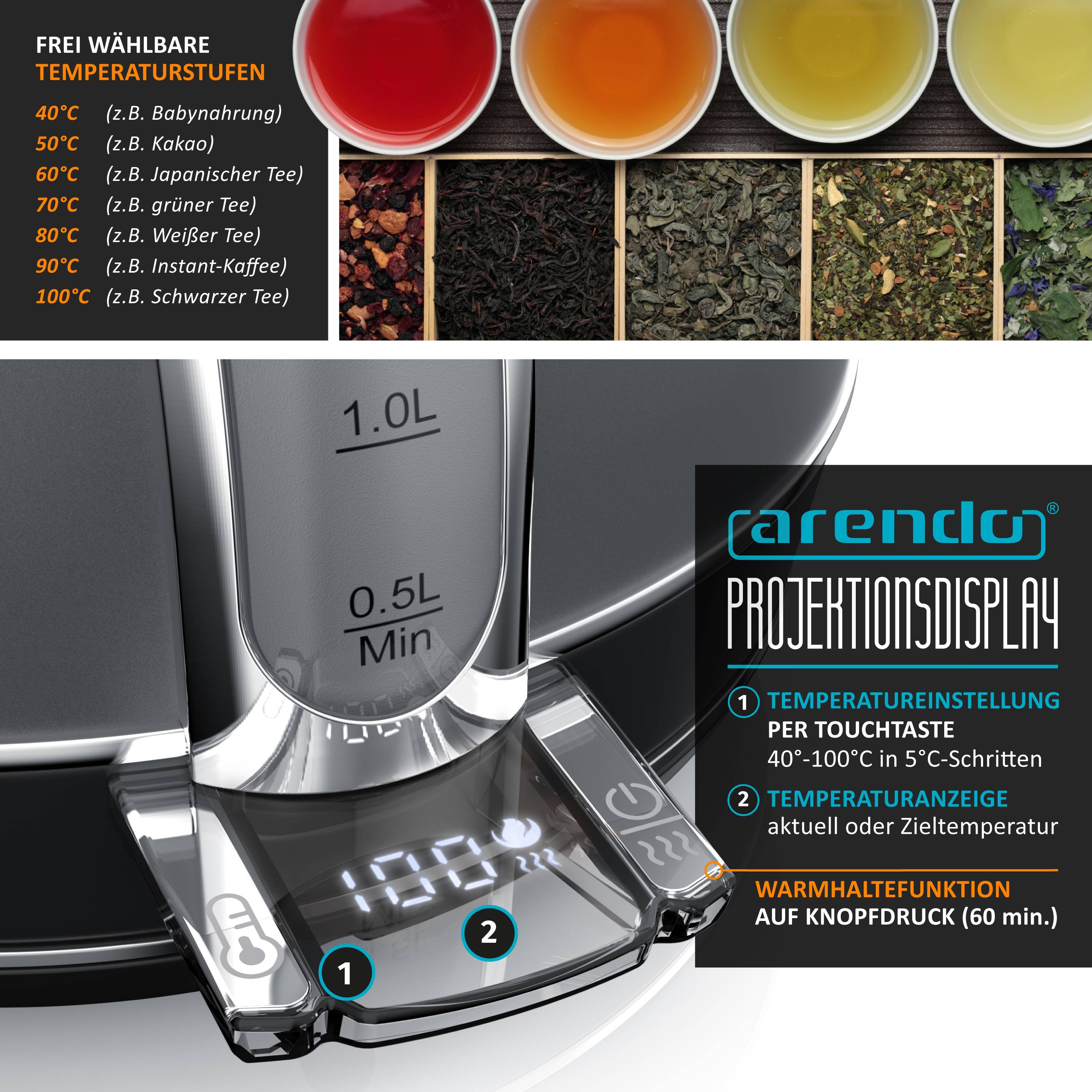 Arendo Wasserkocher mit Temperaturwahl, 1,7 l, 2200 W, Edelstahl Retro-Design, Überhitzungs- und Trockengehschutz, grau