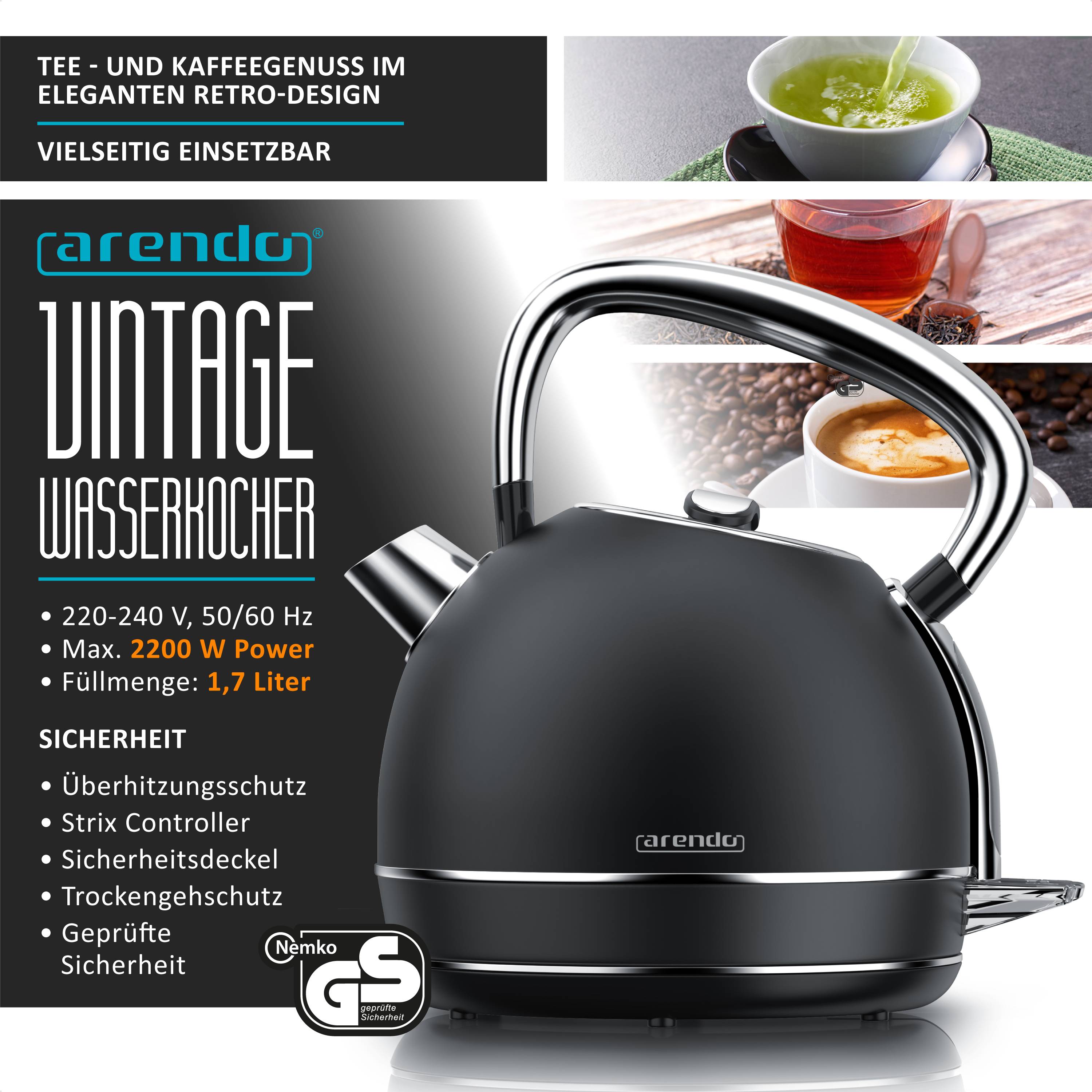 Arendo Wasserkocher mit Temperaturwahl, 1,7 l, 2200 W, Edelstahl Retro-Design, Überhitzungs- und Trockengehschutz