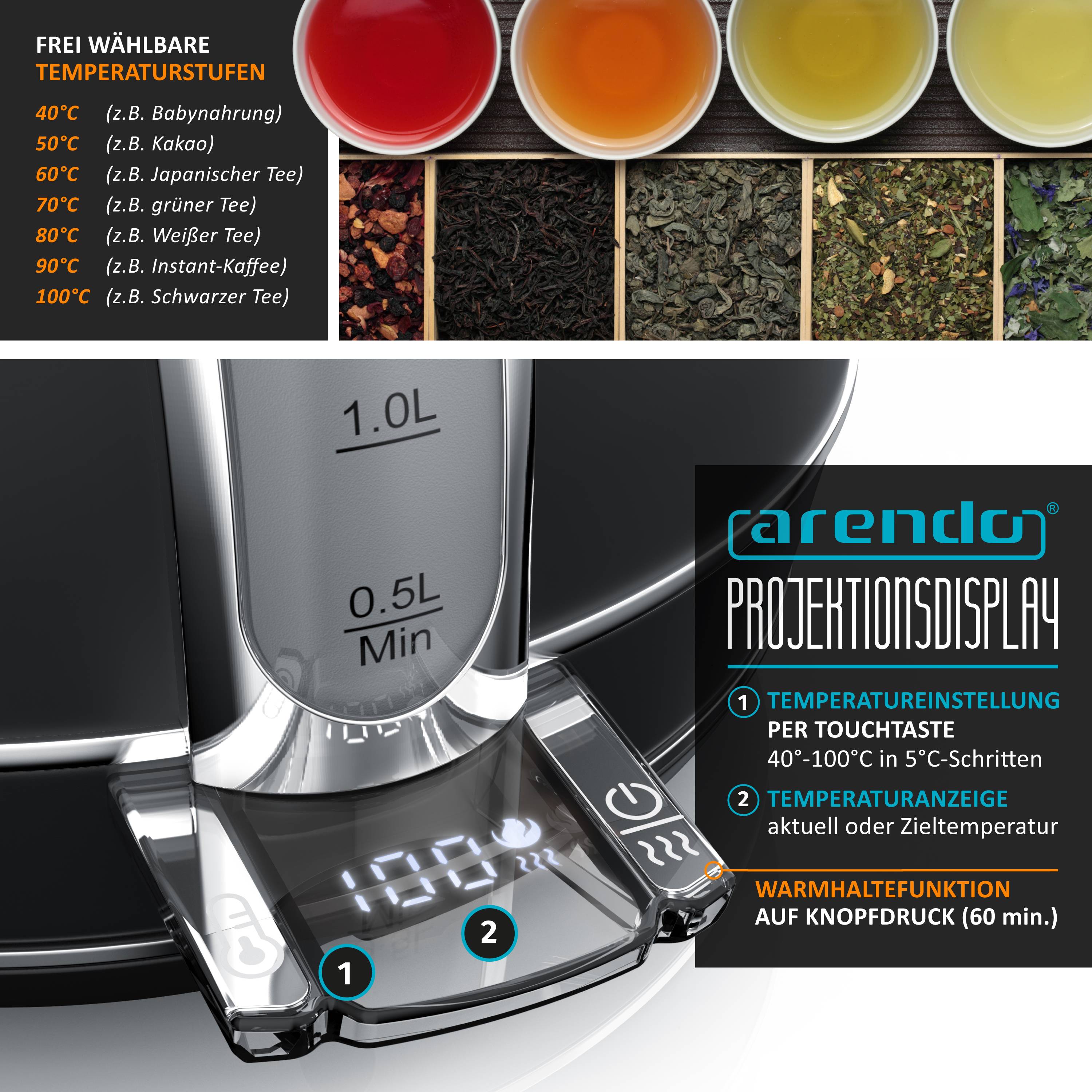Arendo Wasserkocher mit Temperaturwahl, 1,7 l, 2200 W, Edelstahl Retro-Design, Überhitzungs- und Trockengehschutz