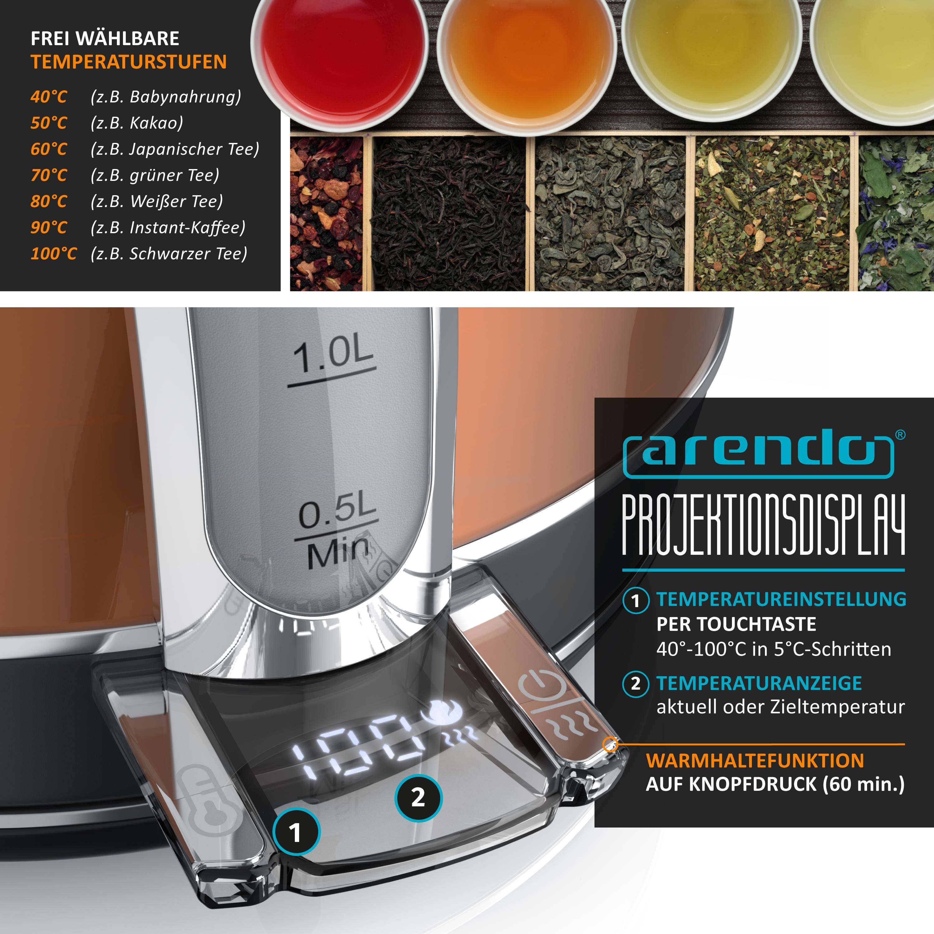 Arendo Wasserkocher mit Temperaturwahl, 1,7 l, 2200 W, Edelstahl Retro-Design, Überhitzungs- und Trockengehschutz