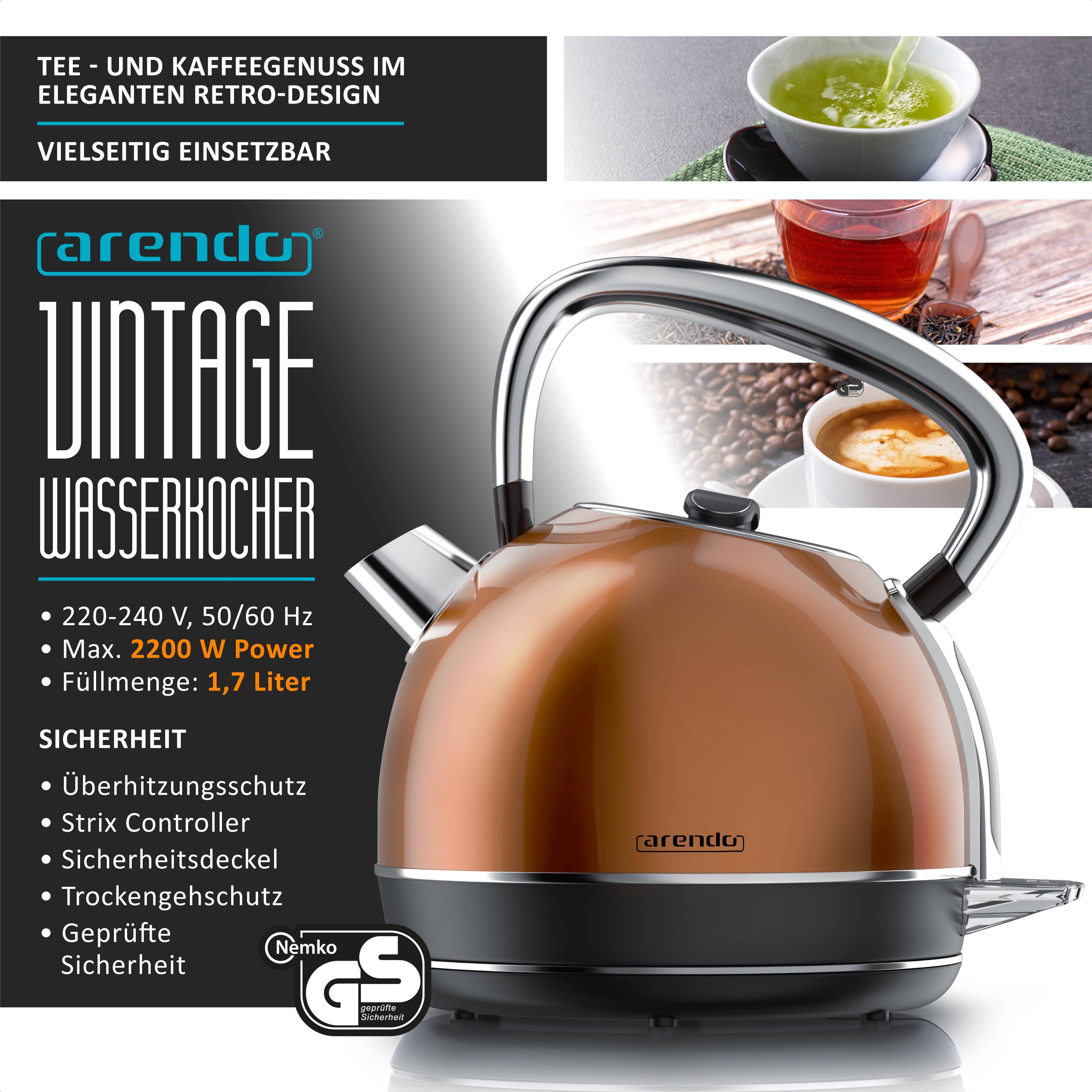 Arendo Wasserkocher mit Temperaturwahl, 1,7 l, 2200 W, Edelstahl Retro-Design, Überhitzungs- und Trockengehschutz