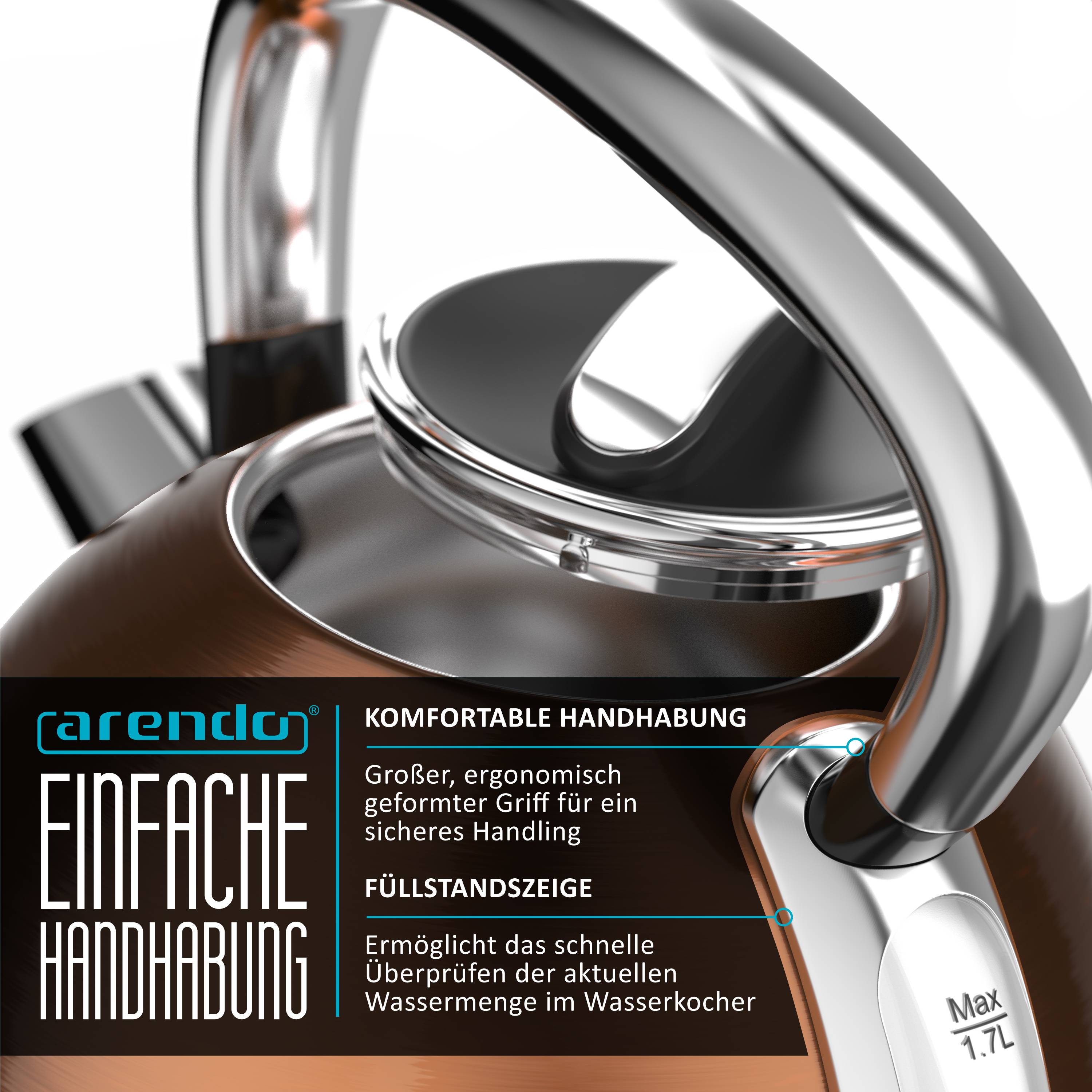 Arendo Wasserkocher mit Temperaturwahl, 1,7 l, 2200 W, Edelstahl Retro-Design, Überhitzungs- und Trockengehschutz