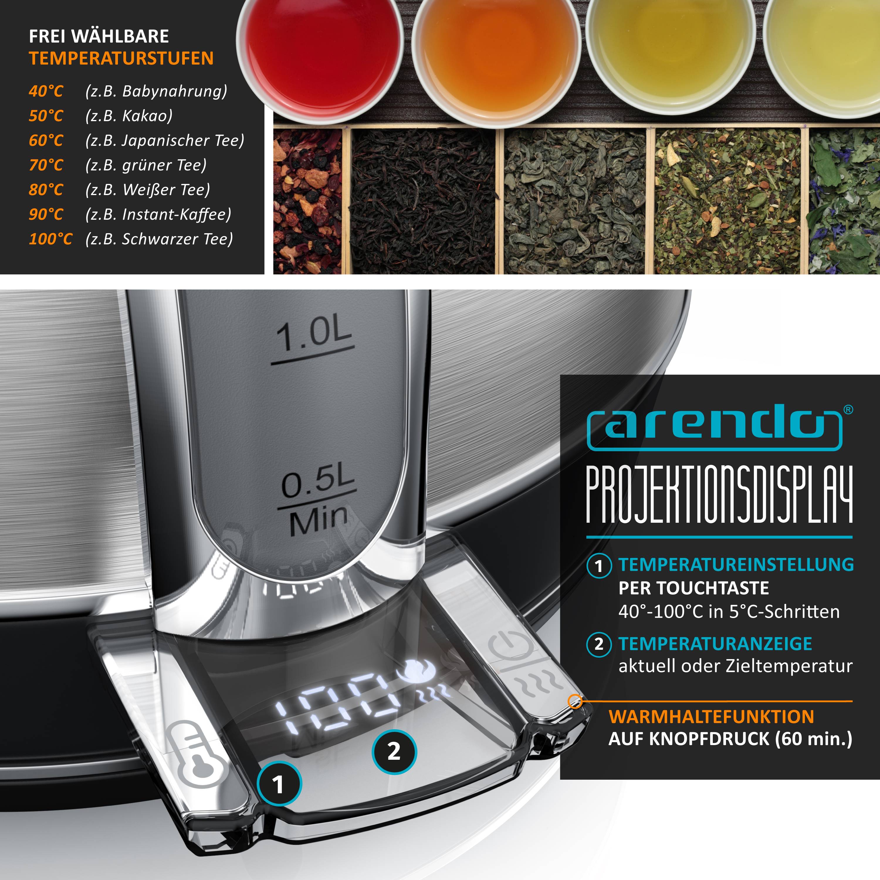 Arendo Wasserkocher mit Temperaturwahl, 1,7 l, 2200 W, Edelstahl Retro-Design, Überhitzungs- und Trockengehschutz