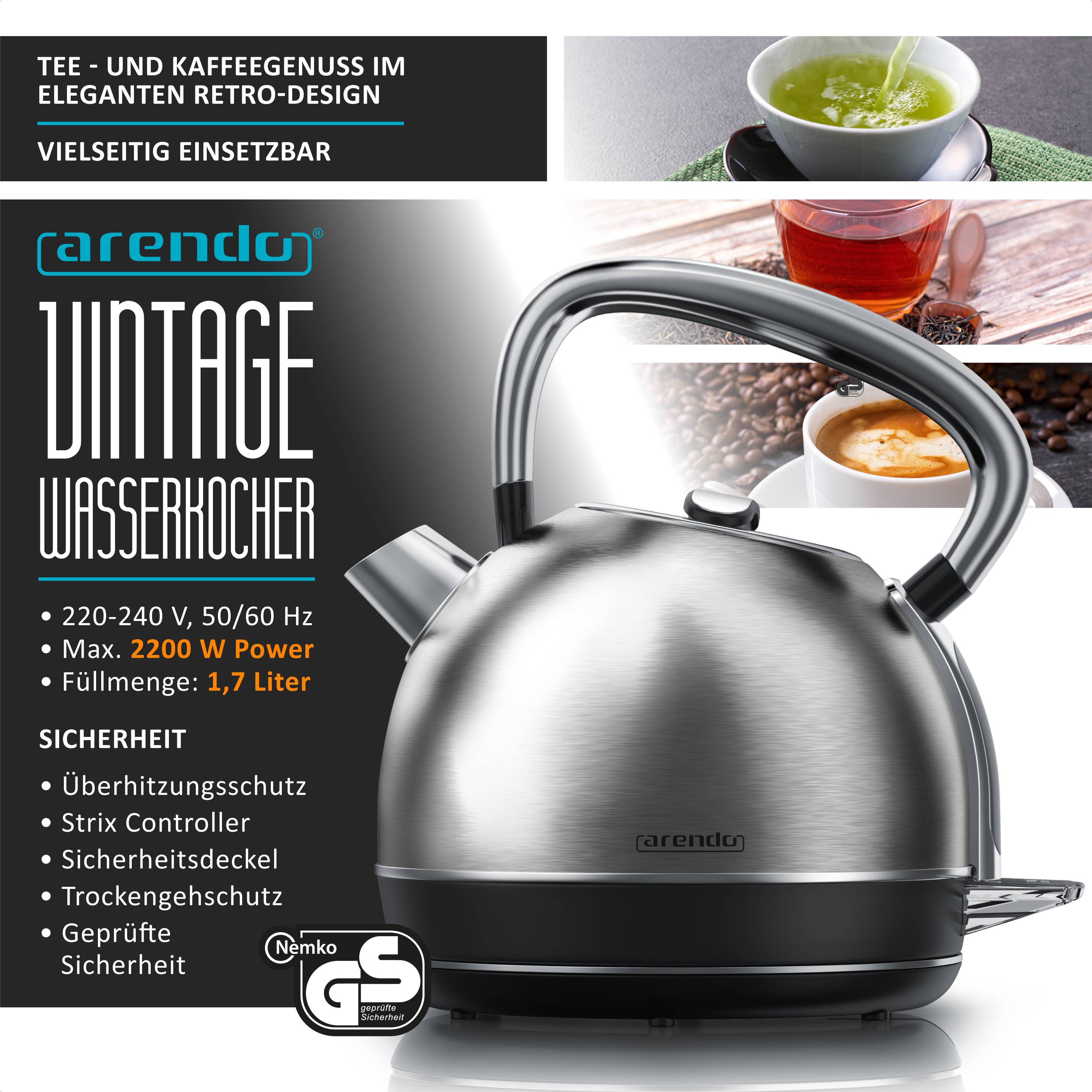 Arendo Wasserkocher mit Temperaturwahl, 1,7 l, 2200 W, Edelstahl Retro-Design, Überhitzungs- und Trockengehschutz