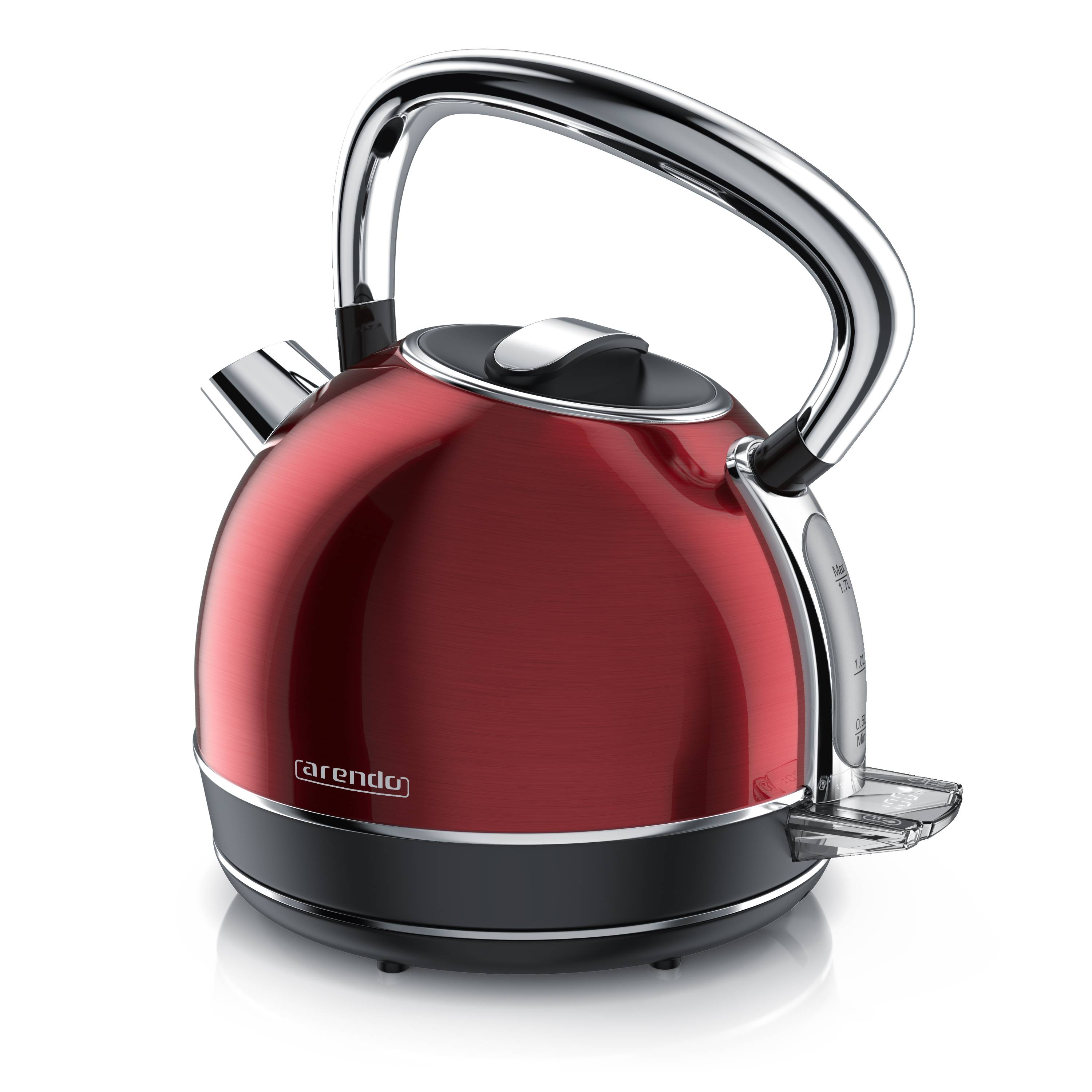 Arendo Wasserkocher mit Temperaturwahl, 1,7 l, 2200 W, Edelstahl Retro-Design, Überhitzungs- und Trockengehschutz, rot