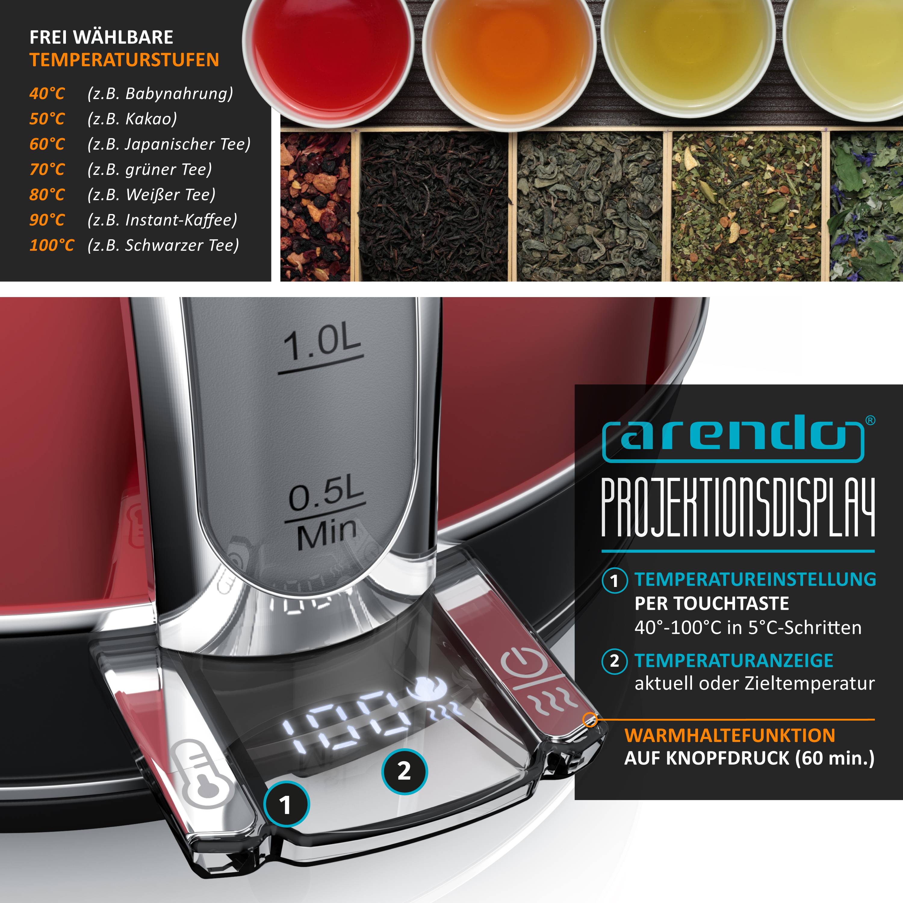 Arendo Wasserkocher mit Temperaturwahl, 1,7 l, 2200 W, Edelstahl Retro-Design, Überhitzungs- und Trockengehschutz, rot