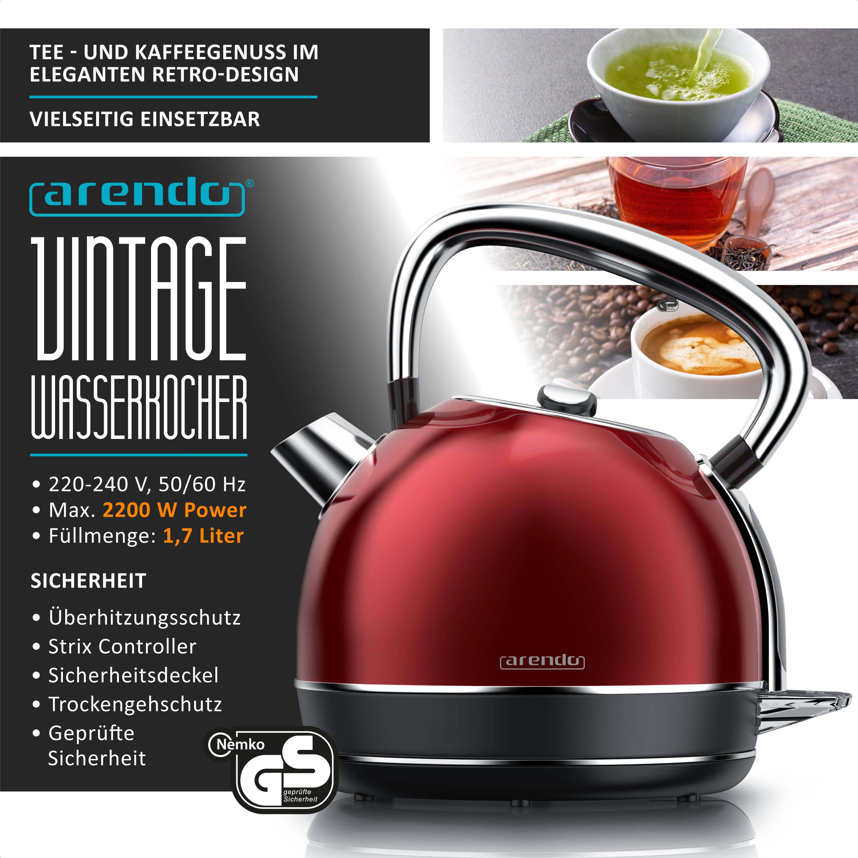 Arendo Wasserkocher mit Temperaturwahl, 1,7 l, 2200 W, Edelstahl Retro-Design, Überhitzungs- und Trockengehschutz, rot