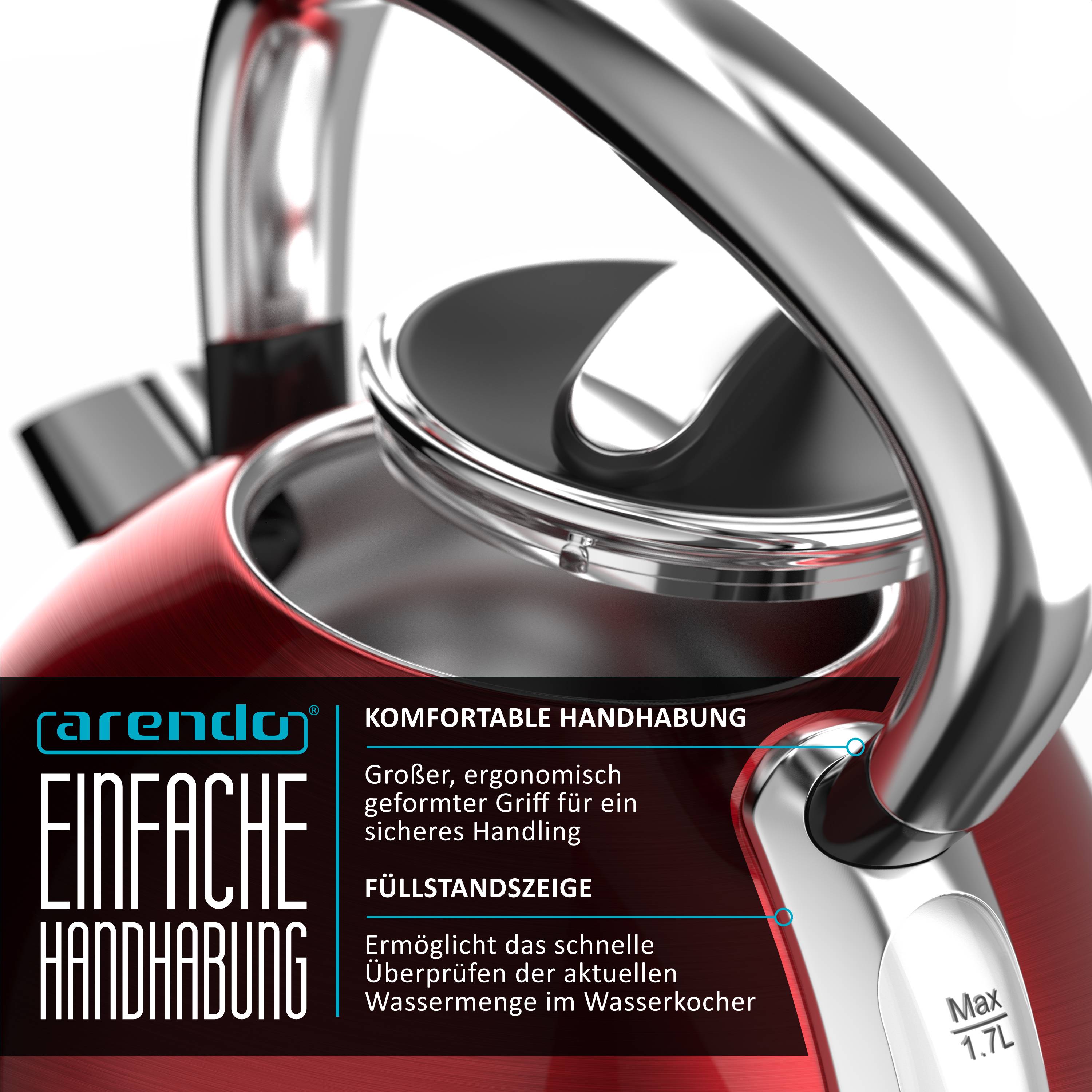Arendo Wasserkocher mit Temperaturwahl, 1,7 l, 2200 W, Edelstahl Retro-Design, Überhitzungs- und Trockengehschutz, rot