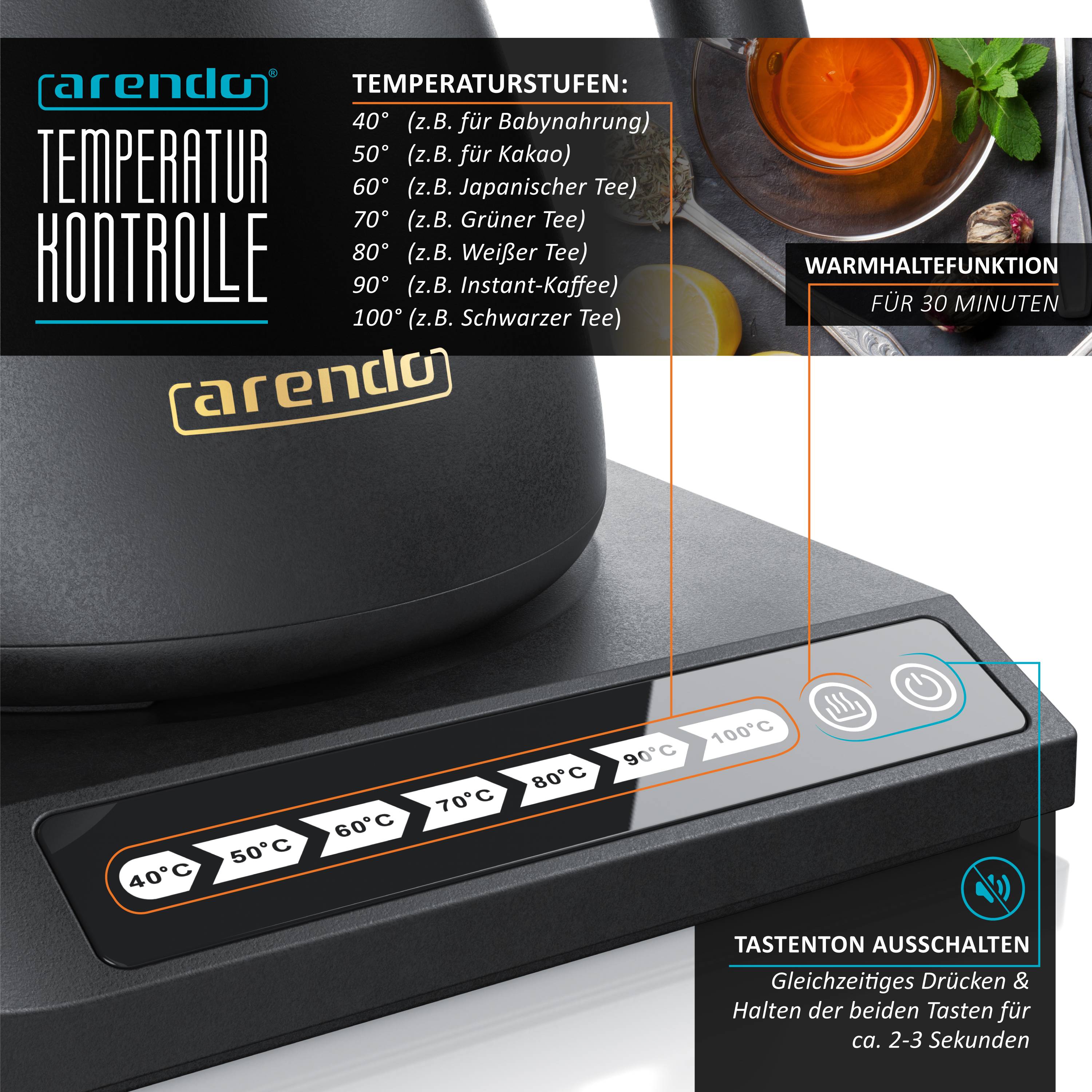 Arendo Edelstahl Wasserkocher, Temperatureinstellung 40° bis 100°, Warmhaltefunktion, Zwischenmessungen, 0,5 Liter