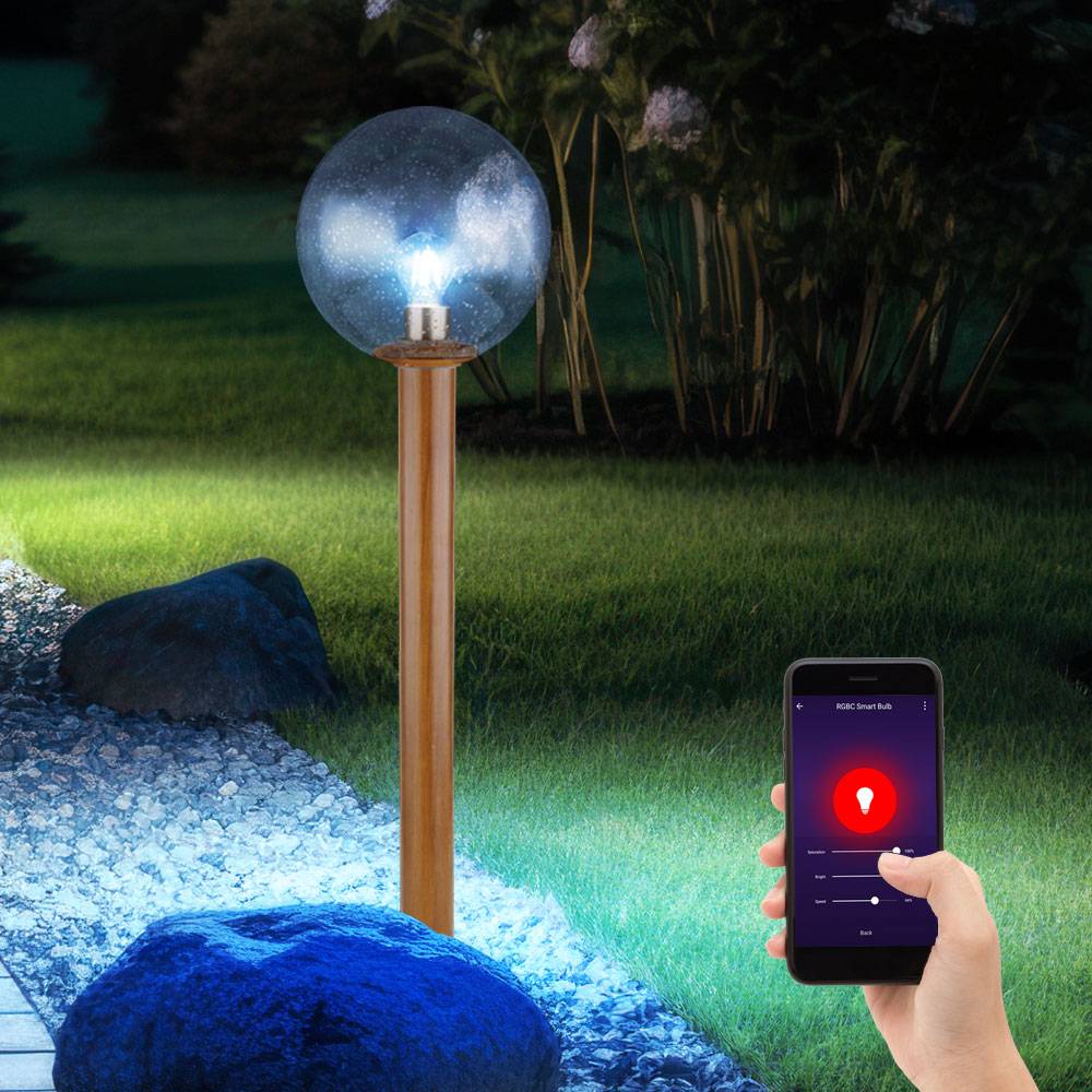 Außenleuchte dimmbar Smart LED Stehlampe Außen Gartenleuchte Terrassenlampe Wegeleuchte, App-/Sprachsteuerung RGB Farbwechsel, Aluminium Glas Holzop