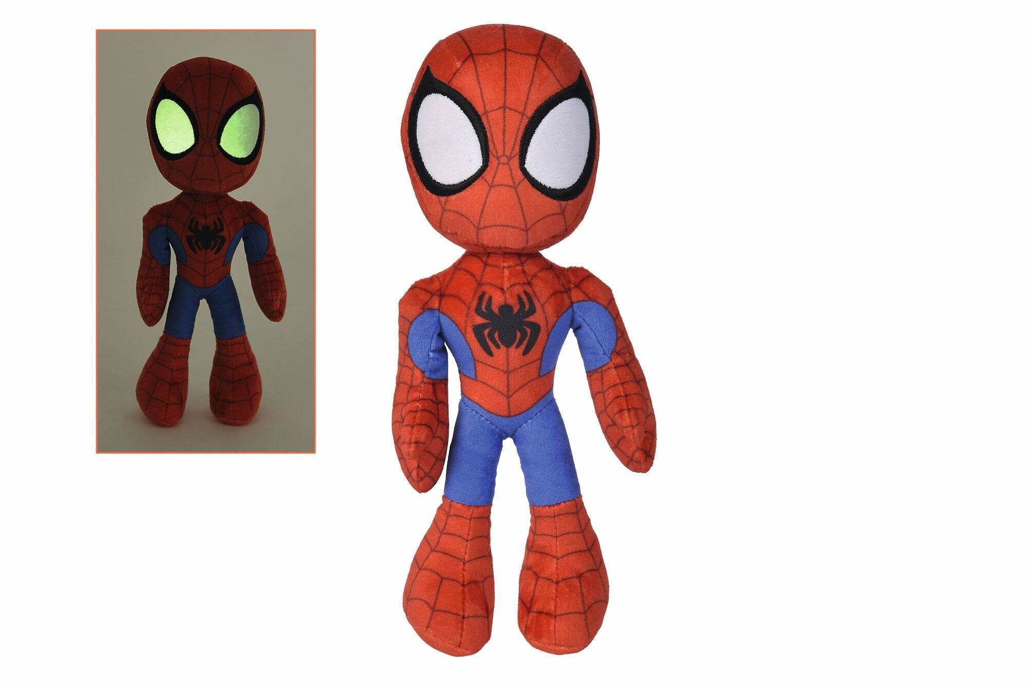 Zwei Spider-Man-Plüschtiere, eines groß und eines klein, nebeneinander auf weißem Hintergrund gezeigt.