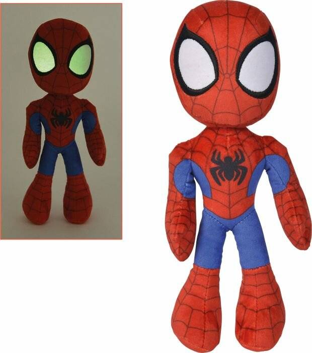 Spider-Man-Plüschtier in Vorderansicht gezeigt, mit rotem Kopf und Anzug mit Webmuster, blauen Beinen und großen weißen Augen.