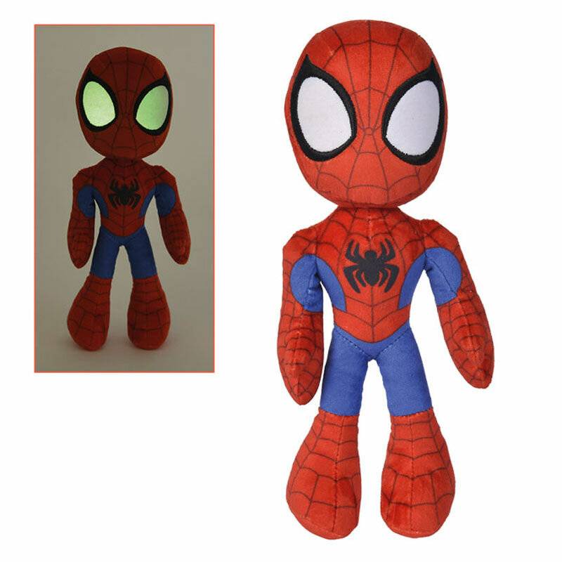 Spider-Man Plüschtier in zwei Ansichten gezeigt, rot-blauer Anzug mit schwarzem Spinnennetz-Muster und großen weißen Augen.