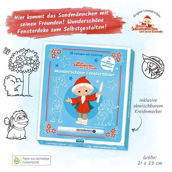 Trötsch Unser Sandmännnchen Mappe mit Vorlagen und Kreidemarker Wunderschöne Fensterbilder mit Kreidemarker