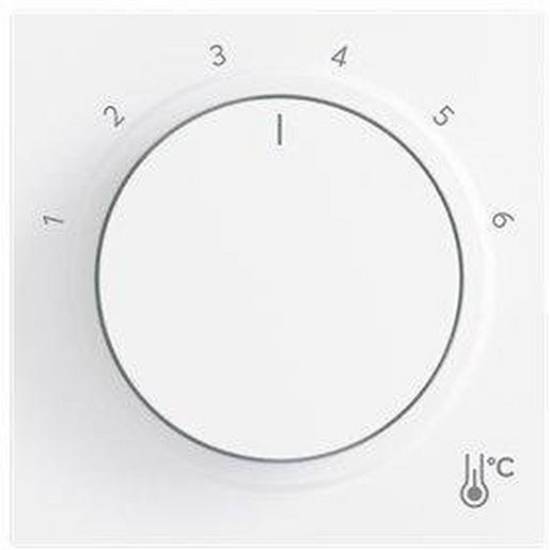 Ein rundes Thermostat auf Stufe 1 eingestellt, umgeben von den Zahlen 1 bis 6, mit einem Thermometer-Symbol zur Temperaturregelung.