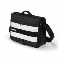 Schwarze Schultertasche mit Griff und verstellbarem Riemen, mit zwei breiten weißen reflektierenden Streifen und kleinem Logo-Patch.