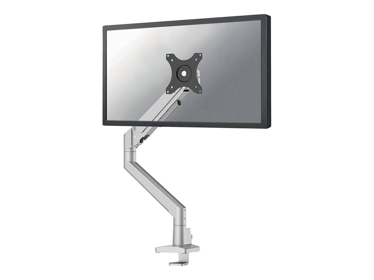Ein verstellbarer Monitorarm, der an einer Schreibtischklemme befestigt ist und ein Flachbildschirm-Display in einer erhöhten Position hält.