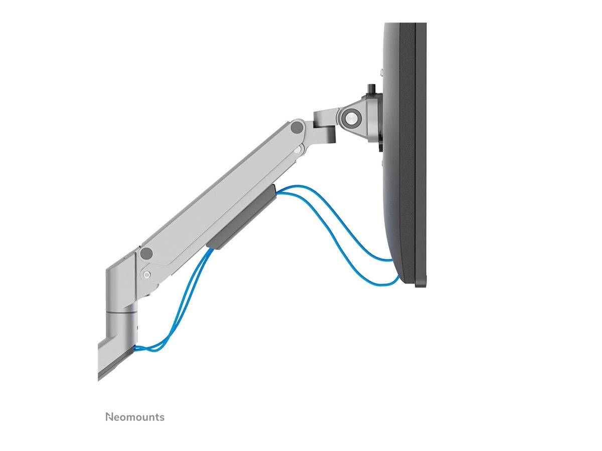Seitenansicht-Illustration eines auf einem gelenkigen Arm montierten Monitors mit sichtbaren blauen Kabeln, die durch den Arm geführt sind.
