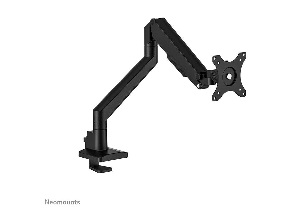 Schwarzer verstellbarer Monitorarm mit Tischklemme und VESA-Montagehalterung auf weißem Hintergrund, mit Neomounts-Beschriftung.
