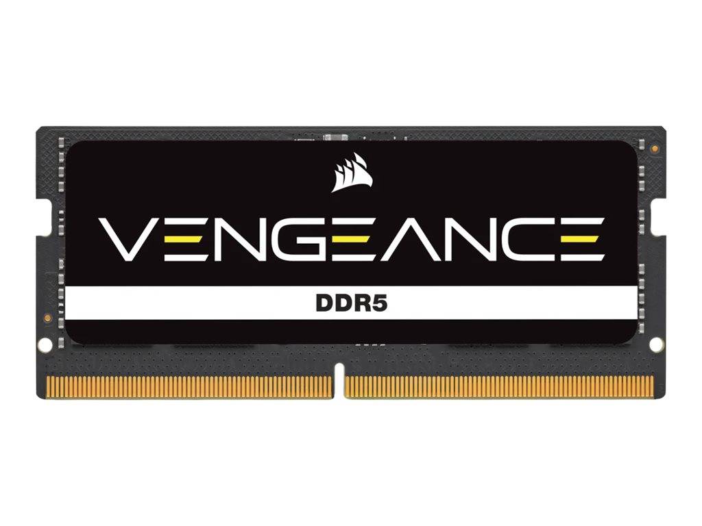 Corsair VENGEANCE DDR5 RAM-Modul, schwarz mit gelben und weißen Akzenten, mit Betonung von High-Performance-Speicherspezifikationen.