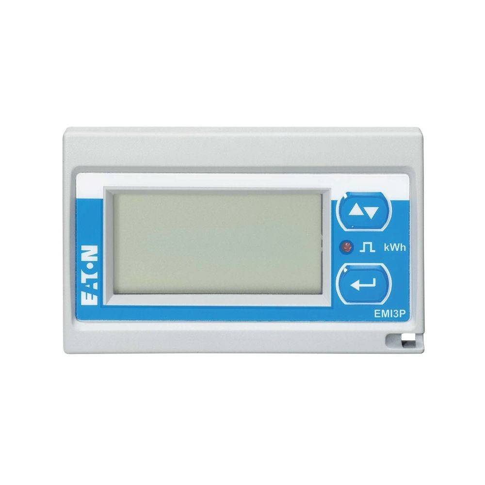 Digitaler Energiemesser mit LCD-Bildschirm, blauer Schnittstelle und Steuerungstasten auf der rechten Seite. Die Marke 'Eaton' befindet sich auf der linken Seite.
