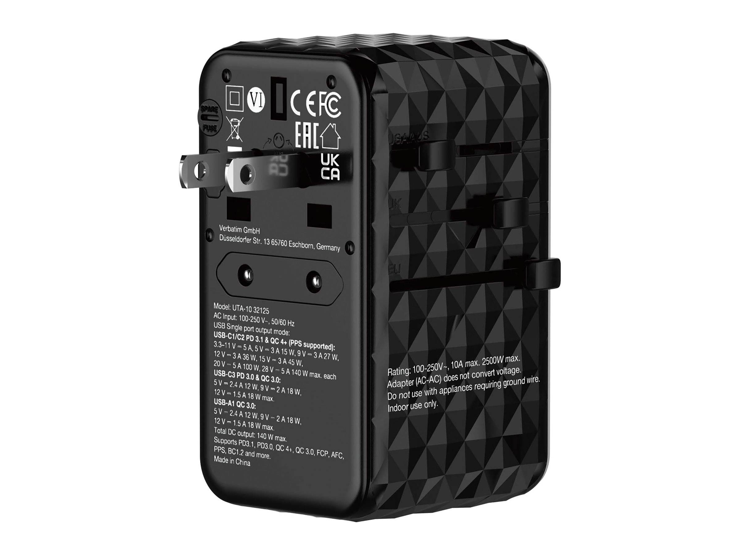 Verbatim UTA-10 - Netzteil - GaN III, Universal - 140 Watt - 10 A - Power Delivery 3.1, PD/PPS, QC 3.0, QC 4+, Apple Fas