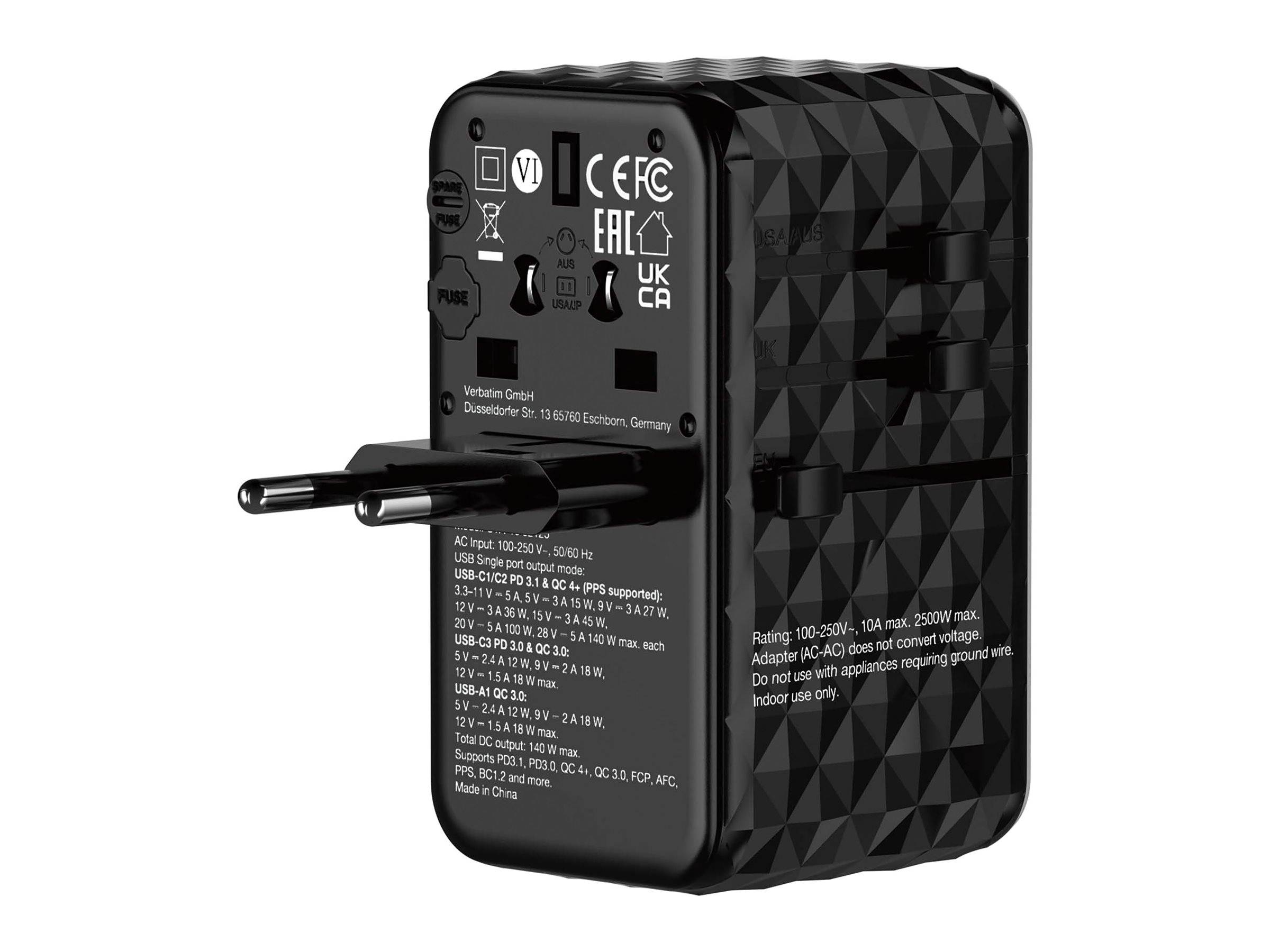 Verbatim UTA-10 - Netzteil - GaN III, Universal - 140 Watt - 10 A - Power Delivery 3.1, PD/PPS, QC 3.0, QC 4+, Apple Fas