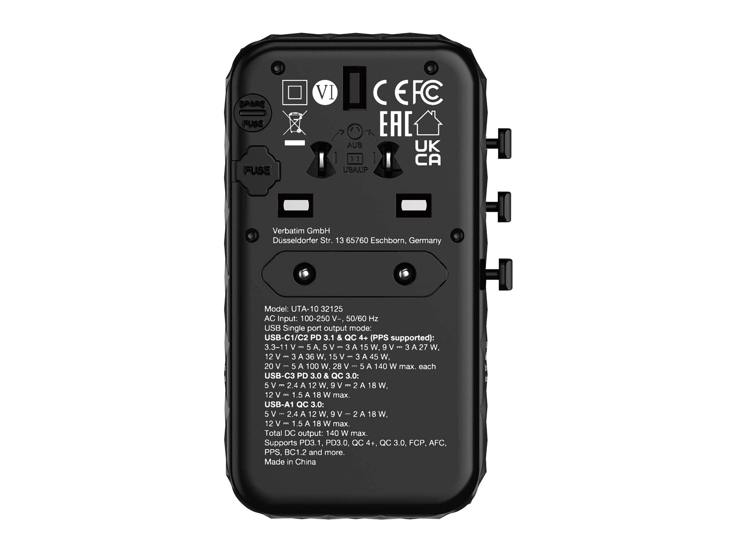 Verbatim UTA-10 - Netzteil - GaN III, Universal - 140 Watt - 10 A - Power Delivery 3.1, PD/PPS, QC 3.0, QC 4+, Apple Fas