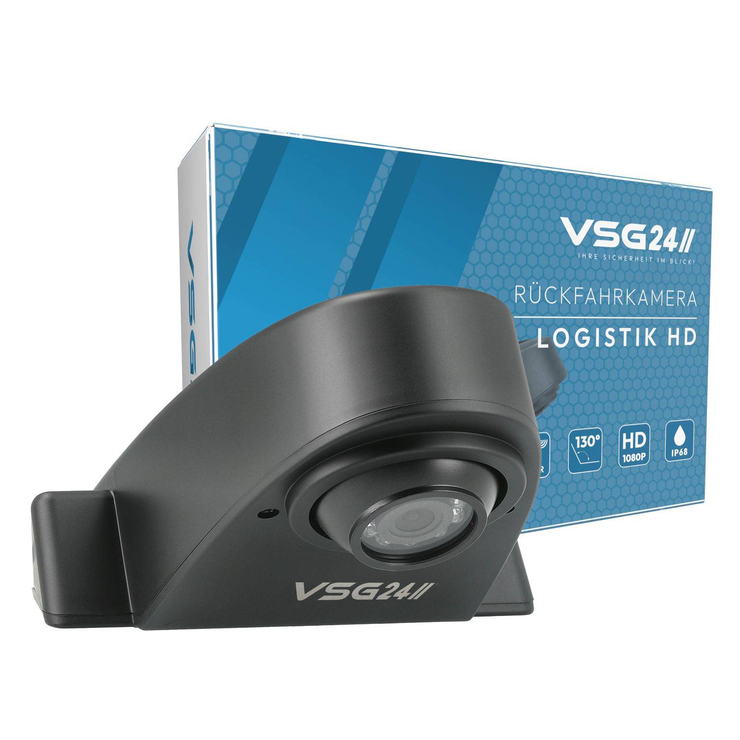 Eine schwarze VSG24-Rückfahrkamera wird mit einer blauen Verpackungsbox im Hintergrund gezeigt, die ihr 130-Grad-Sichtfeld, HD 1080p und IP68-Merkmale hervorhebt.