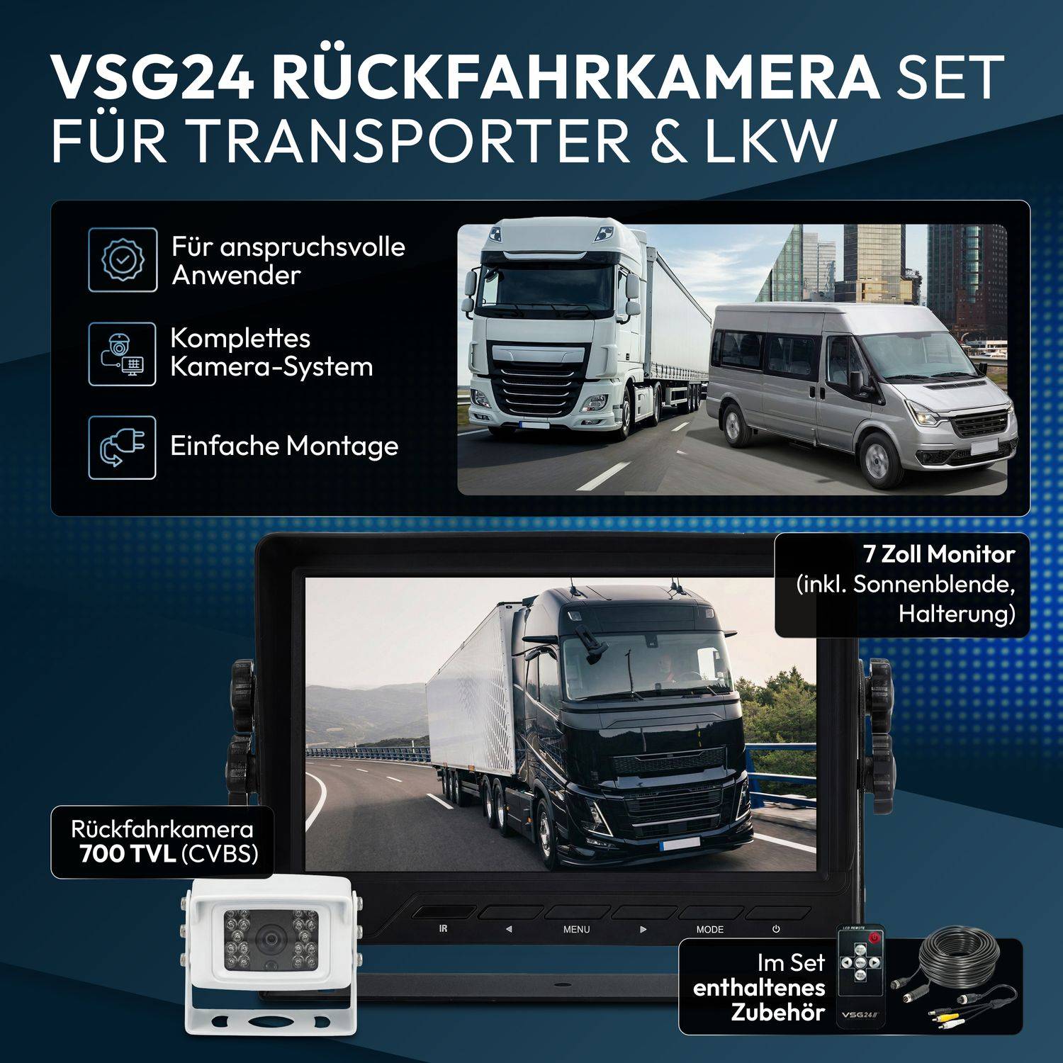 VSG24 7" Rückfahrkamera Set TRANSIT | Schwerlast-Kamera 120° weiß RVS-24112