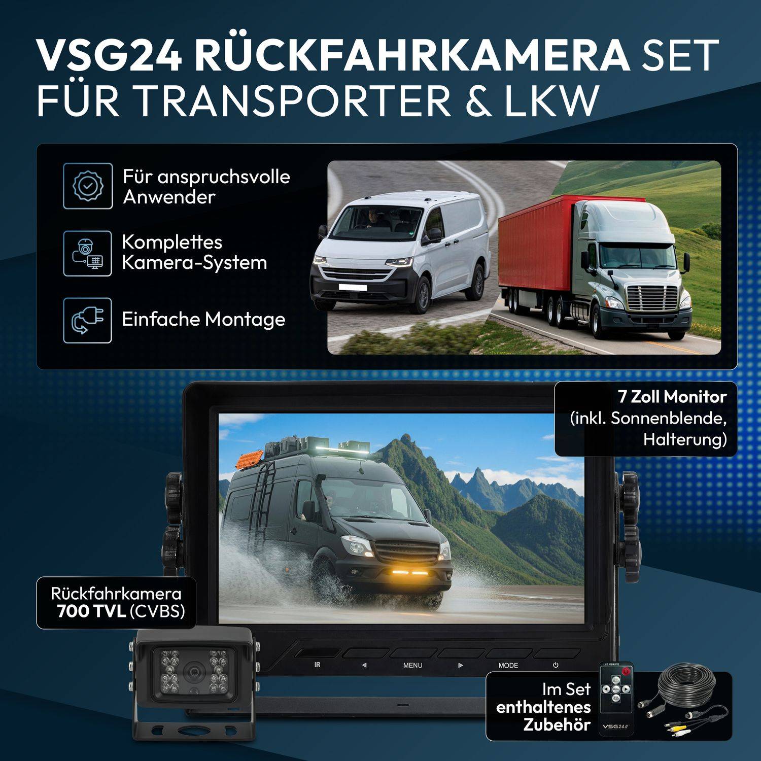 VSG24 7" Rückfahrkamera Set TRANSIT | Schwerlast-Kamera 120° schwarz RVS-24113