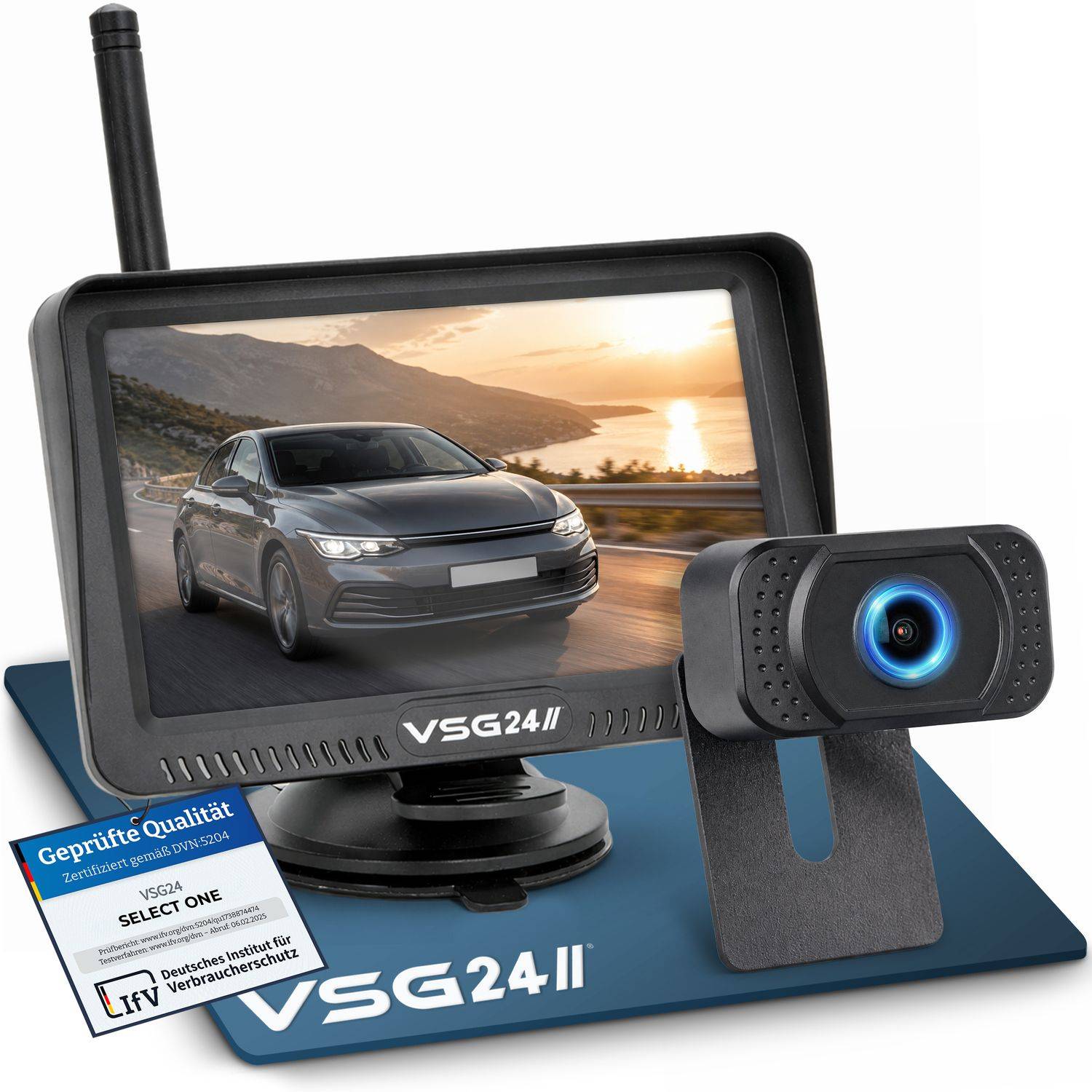 Wireless-Rückfahrkamerasystem mit Monitor, das ein Auto zeigt, das auf einer Küstenstraße fährt, plus die Kameraeinheit und das Branding 