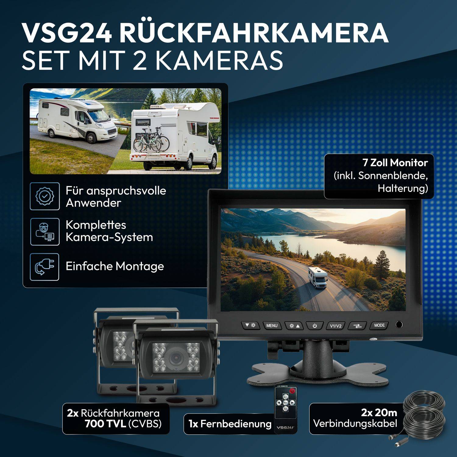 VSG24 7" Rückfahrkamera Set CAMPER | mit 2 Kameras für Wohnmobil 120° schwarz RVS-24500