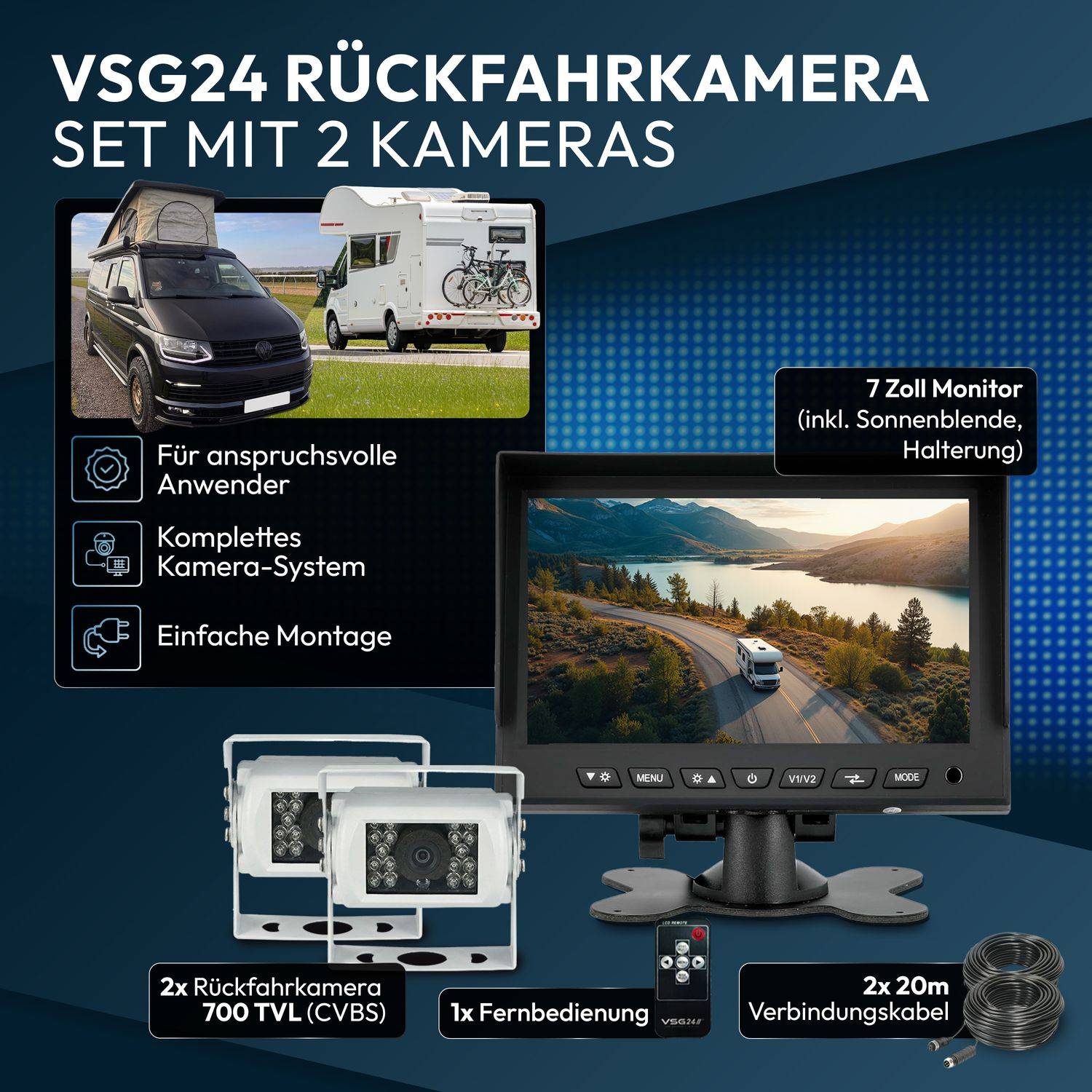 VSG24 7" Rückfahrkamera Set CAMPER | mit 2 Kameras für Wohnmobil 120° weiß RVS-24502