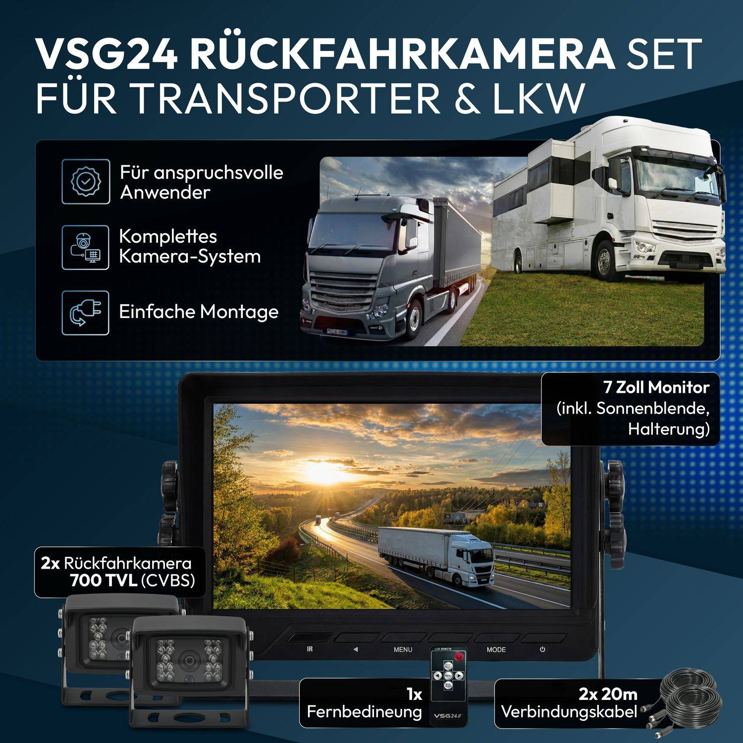 VSG24 7" Rückfahrkamera Set TRANSIT | mit 2 x Schwerlast-Kamera 120° schwarz RVS-24504